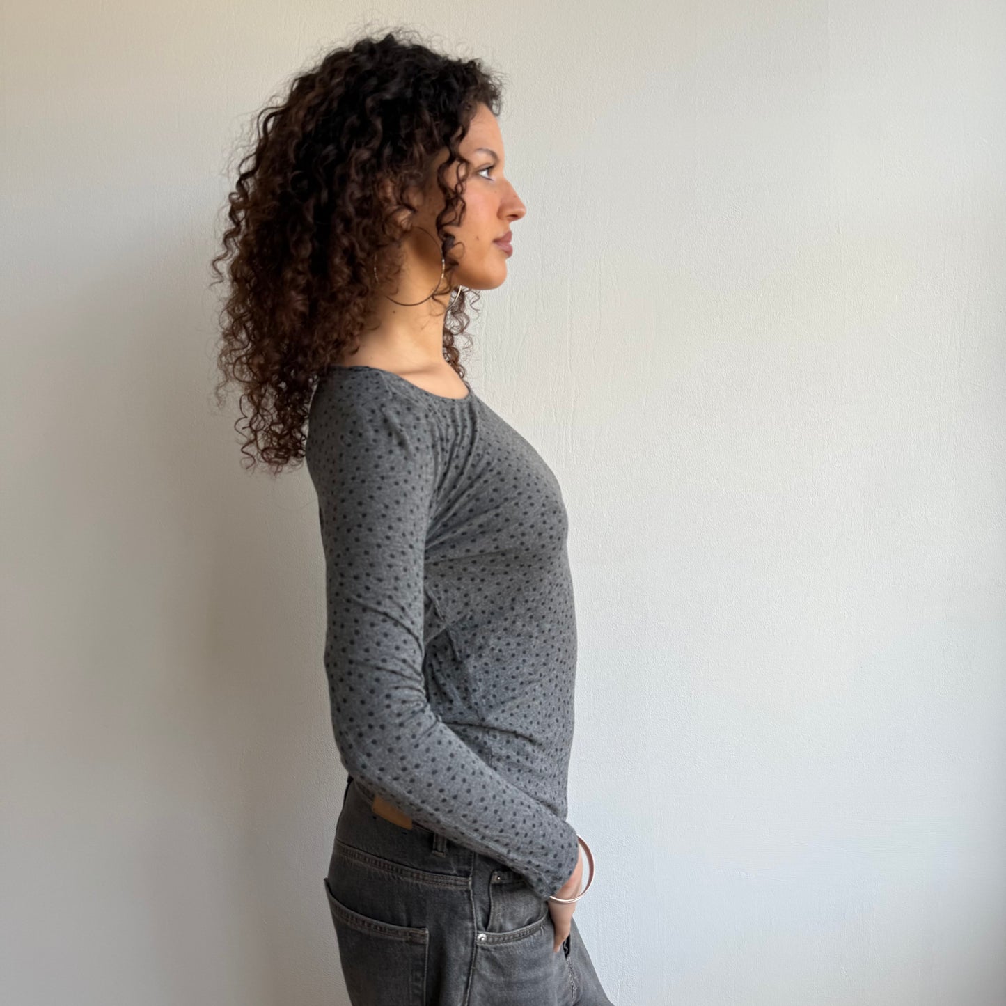 Grey polka dot long sleeve top - Size S