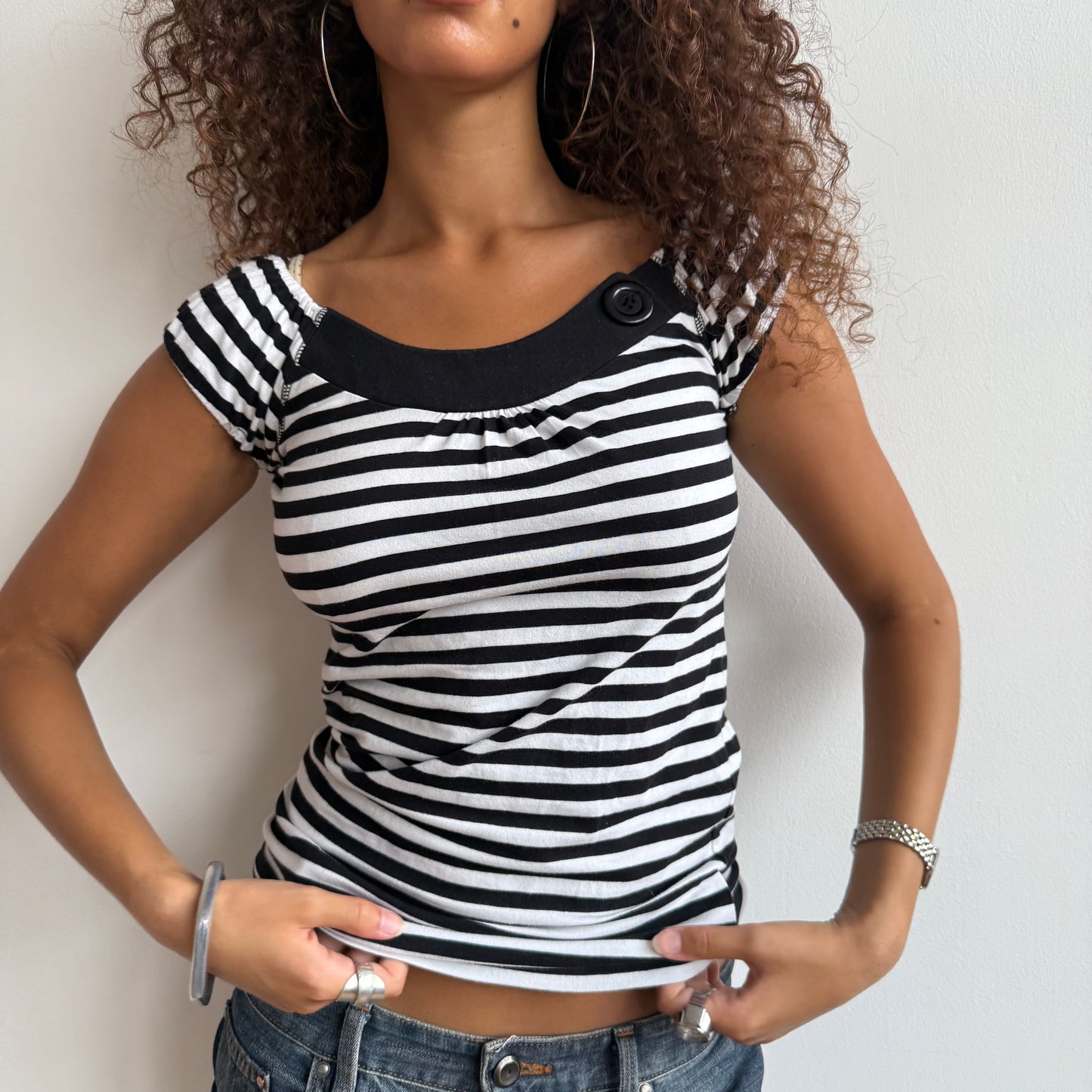 Black + white stripe button top - Size S , S/M + M