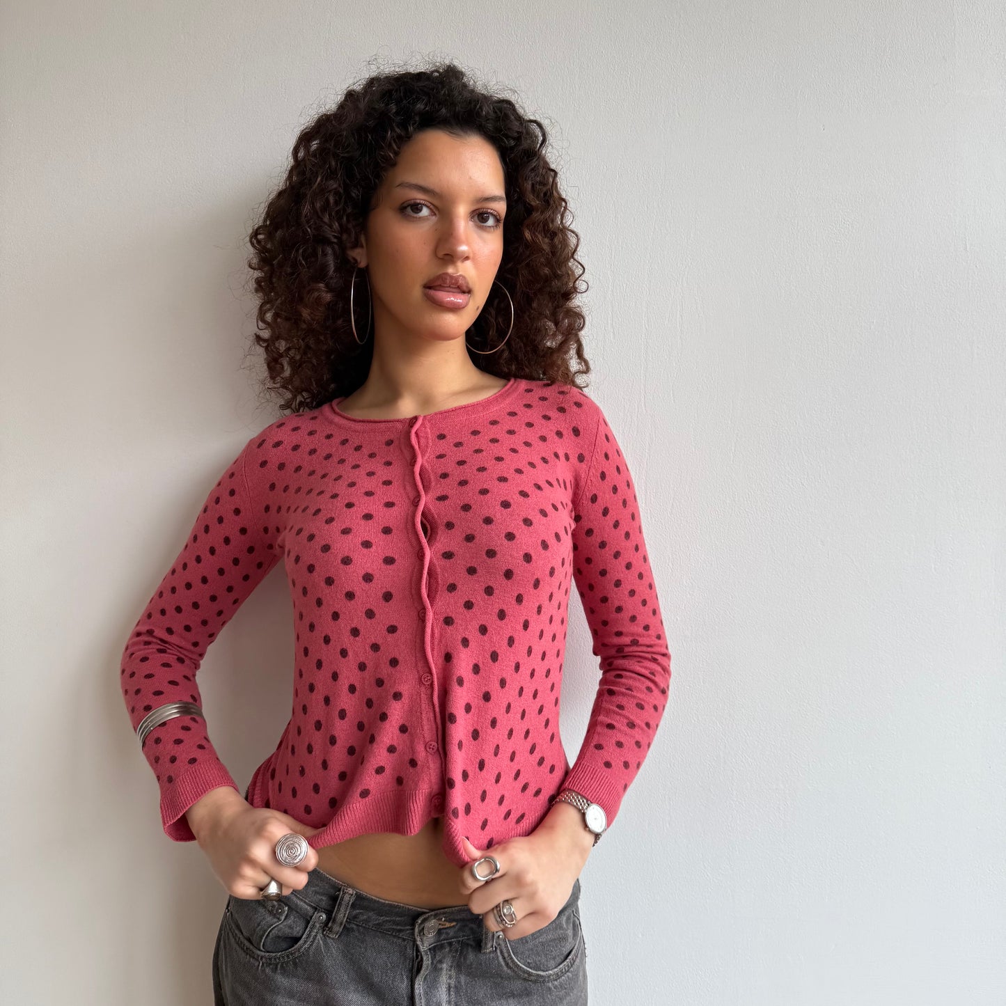 Fuschia polka dot cardi - Size S