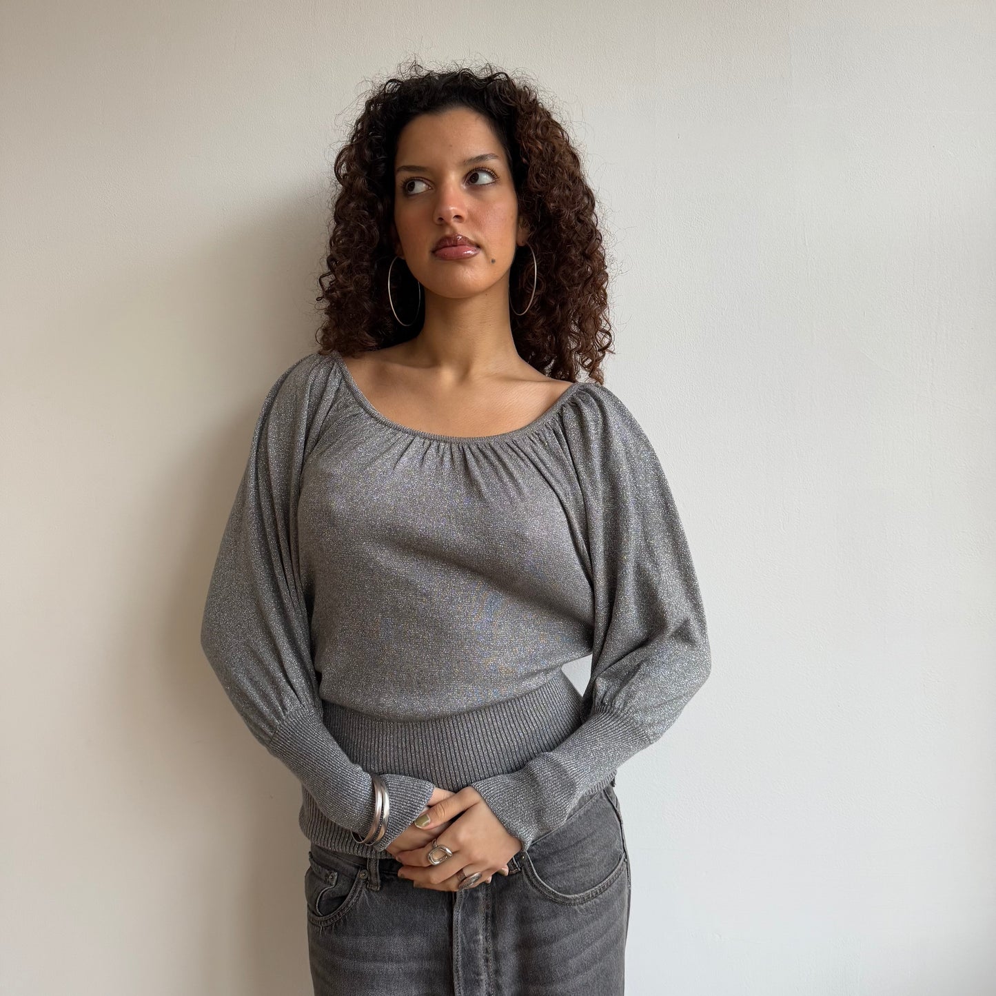 Silver sparkly batwing knit - Size S