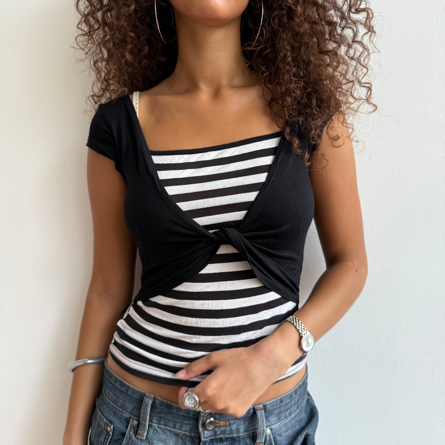 Black and white wrap t-shirt - S