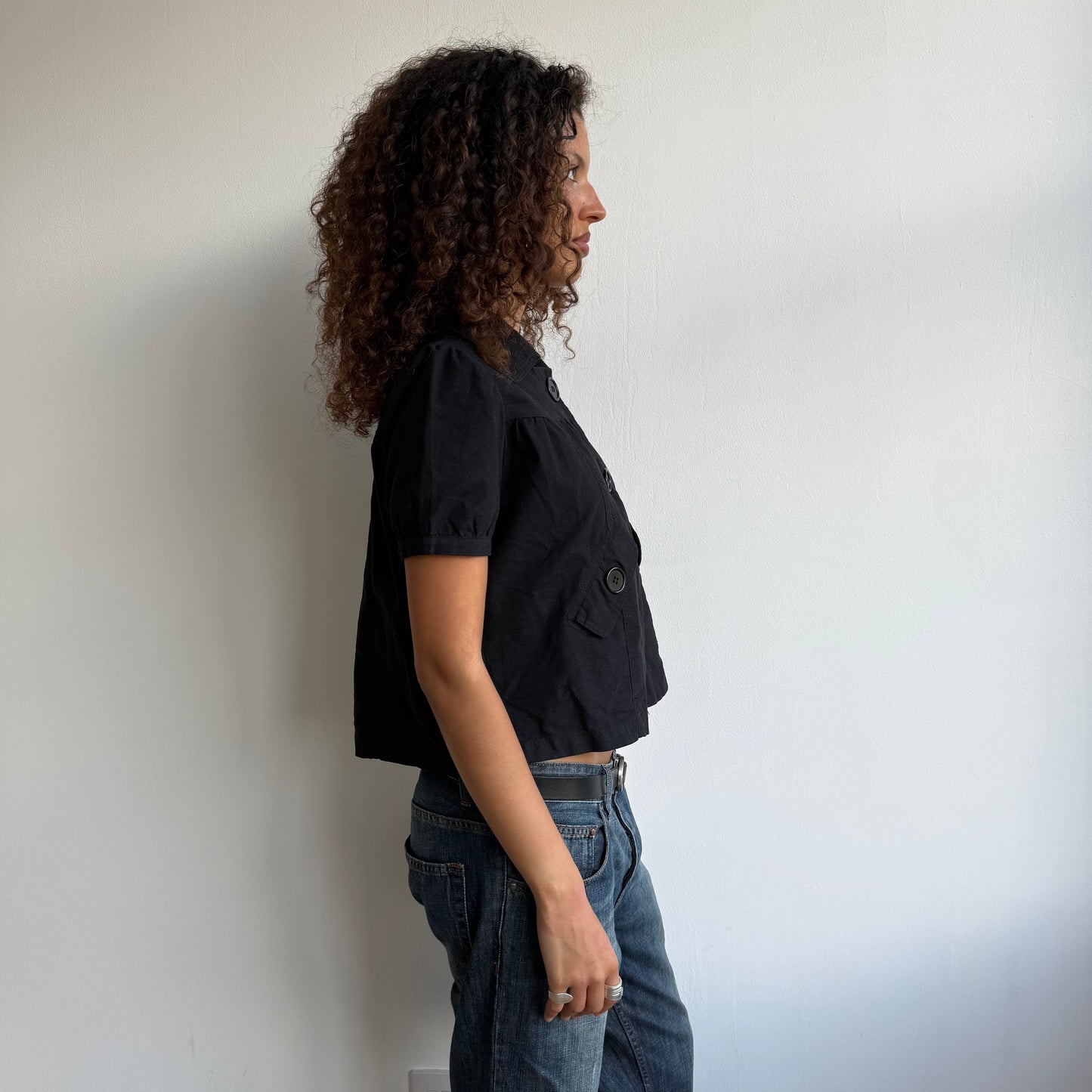Black linen short sleeve peacoat - Size S/M