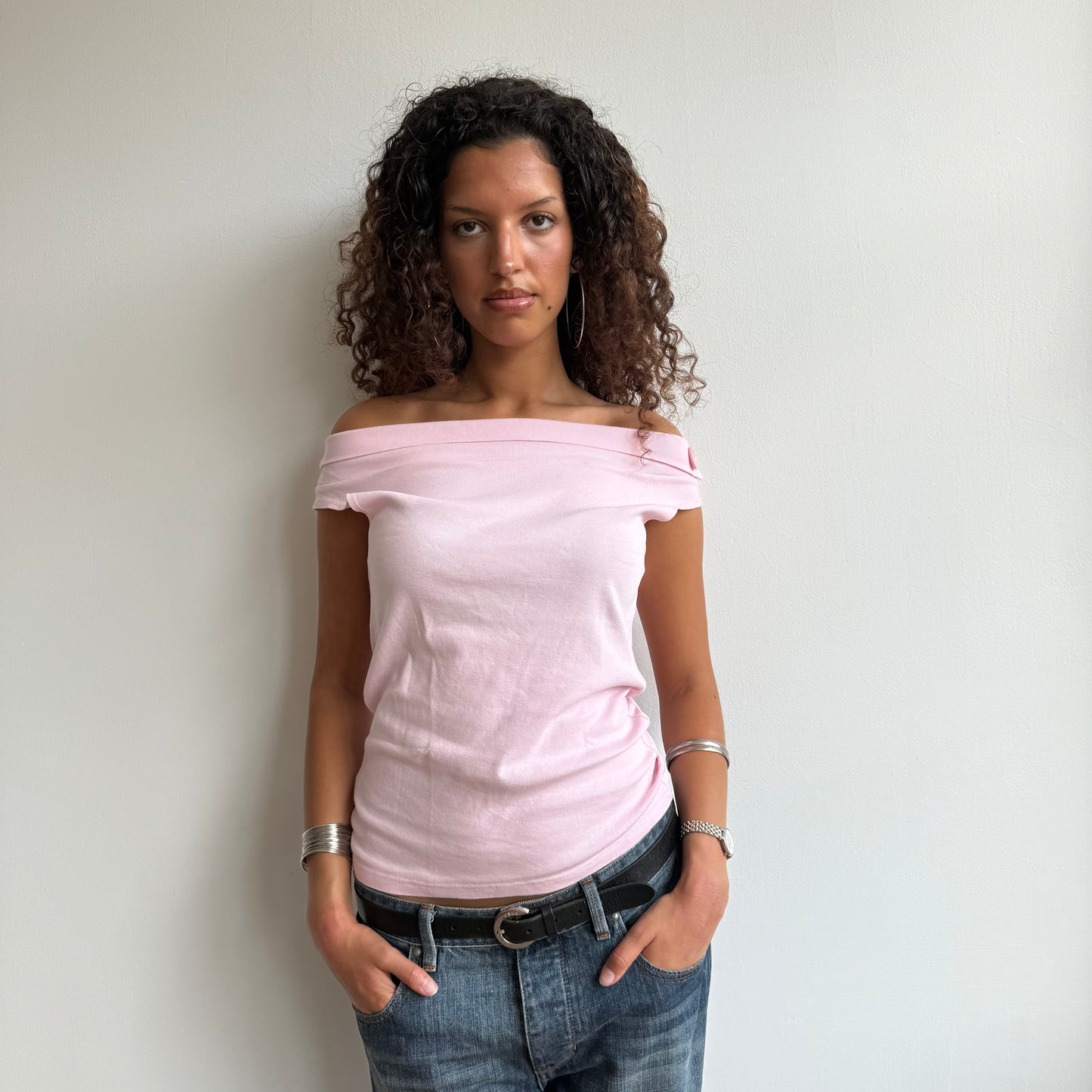 Pink bardot button top - Size M/L
