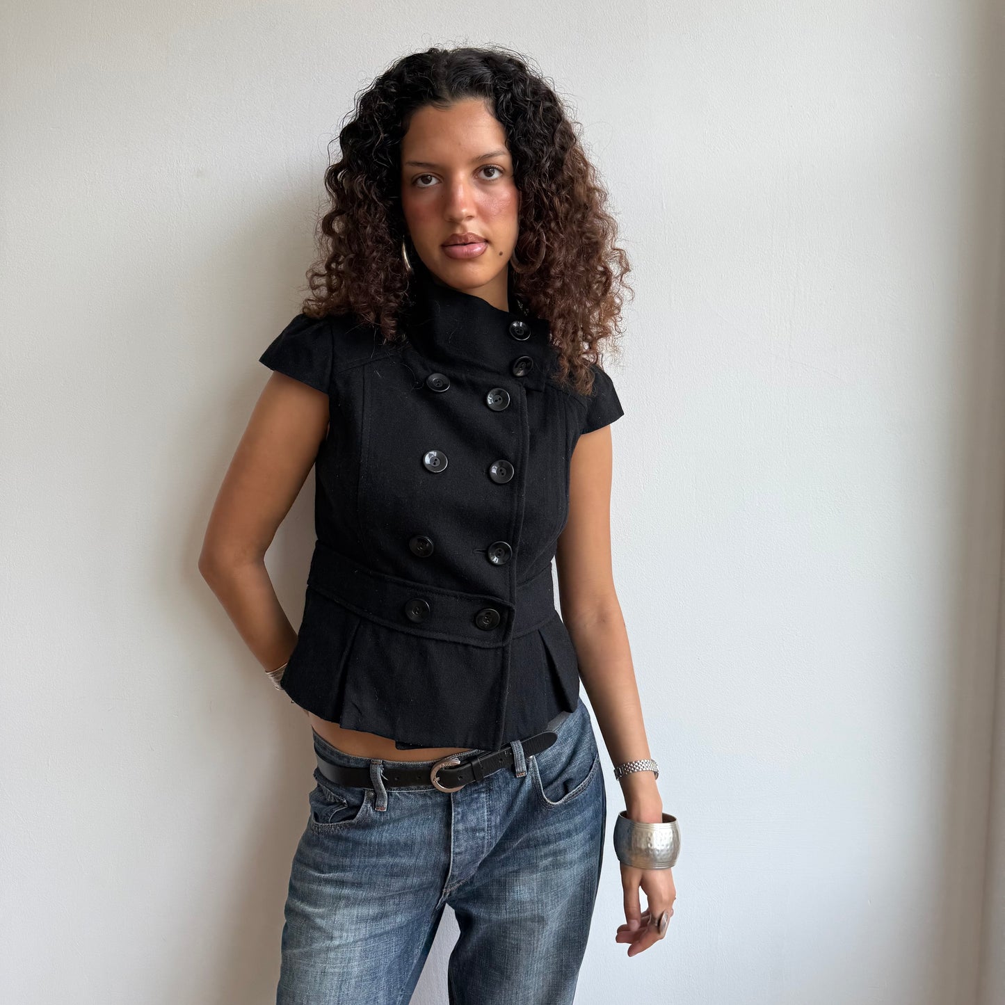 Black short sleeve bow peacoat - Size S/M
