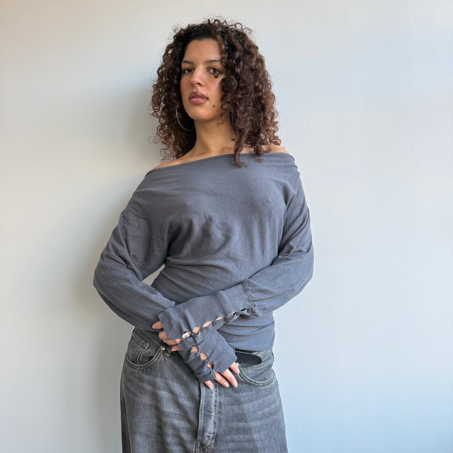 Grey slouchy button jumper - Size S