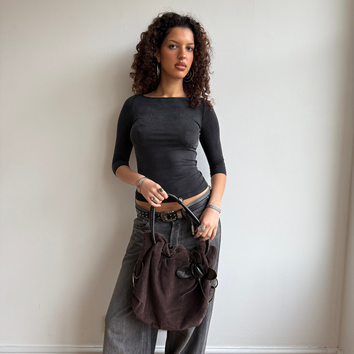 Brown cord flower bag - OS