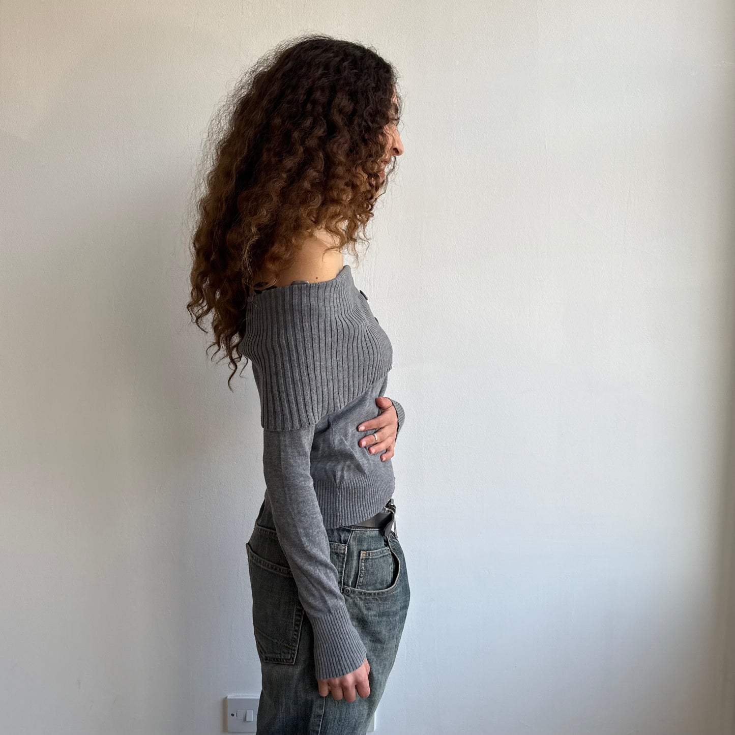 Grey bardot button knit jumper - Size S