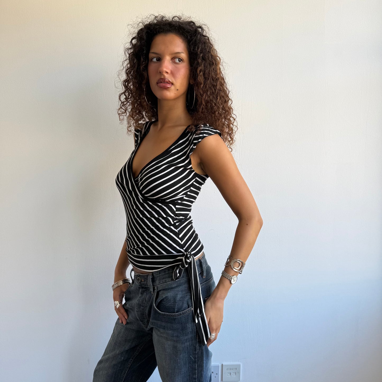 Black + white ballet wrap top - Size M