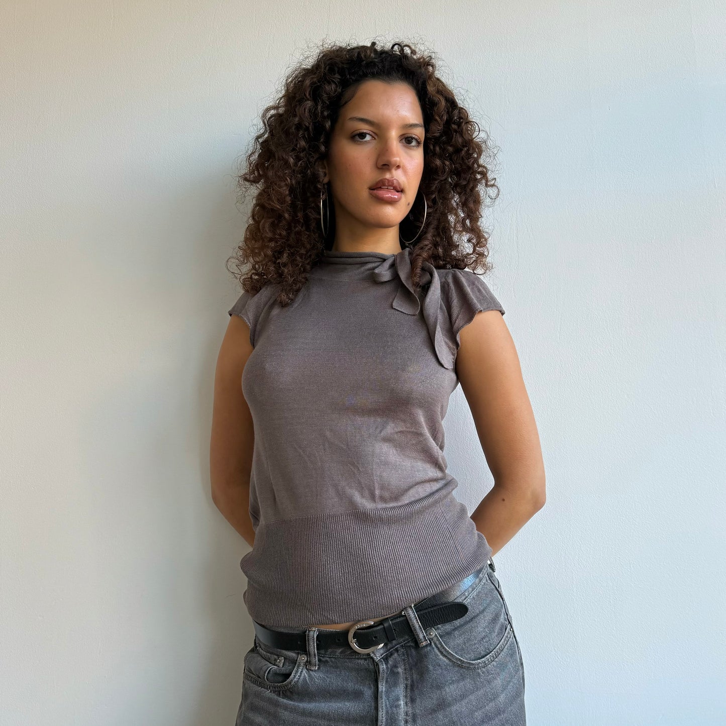 Taupe tie neck knit - Size S