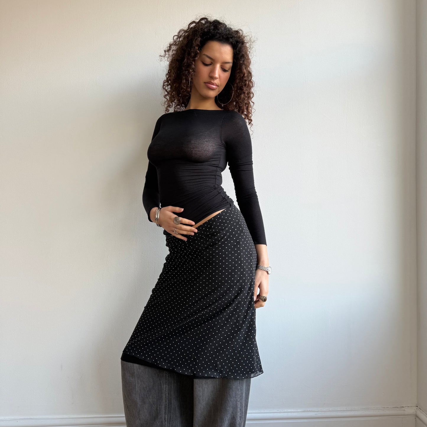Black polka dot midi skirt - Size M