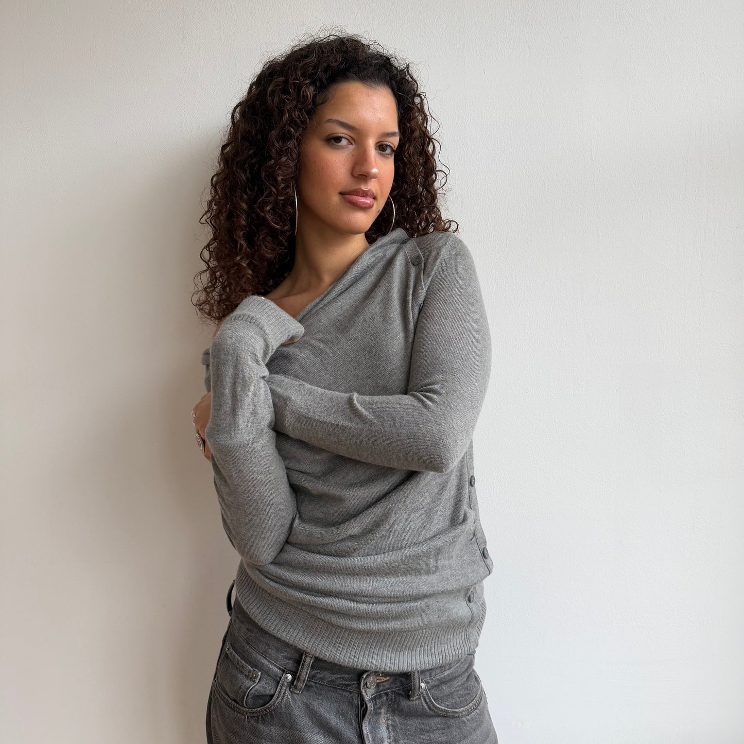 Grey knit button jumper dress - Size S