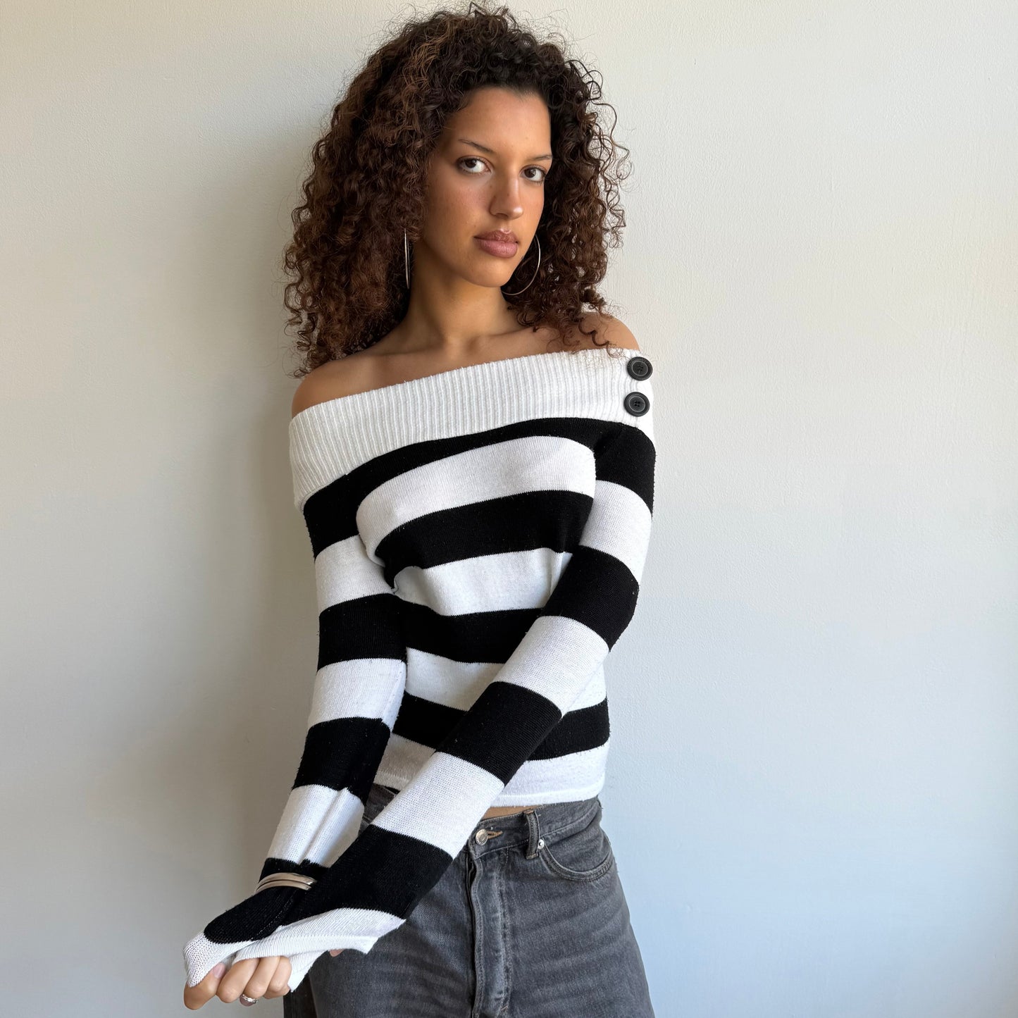 Black + white striped baddot knit - Size S