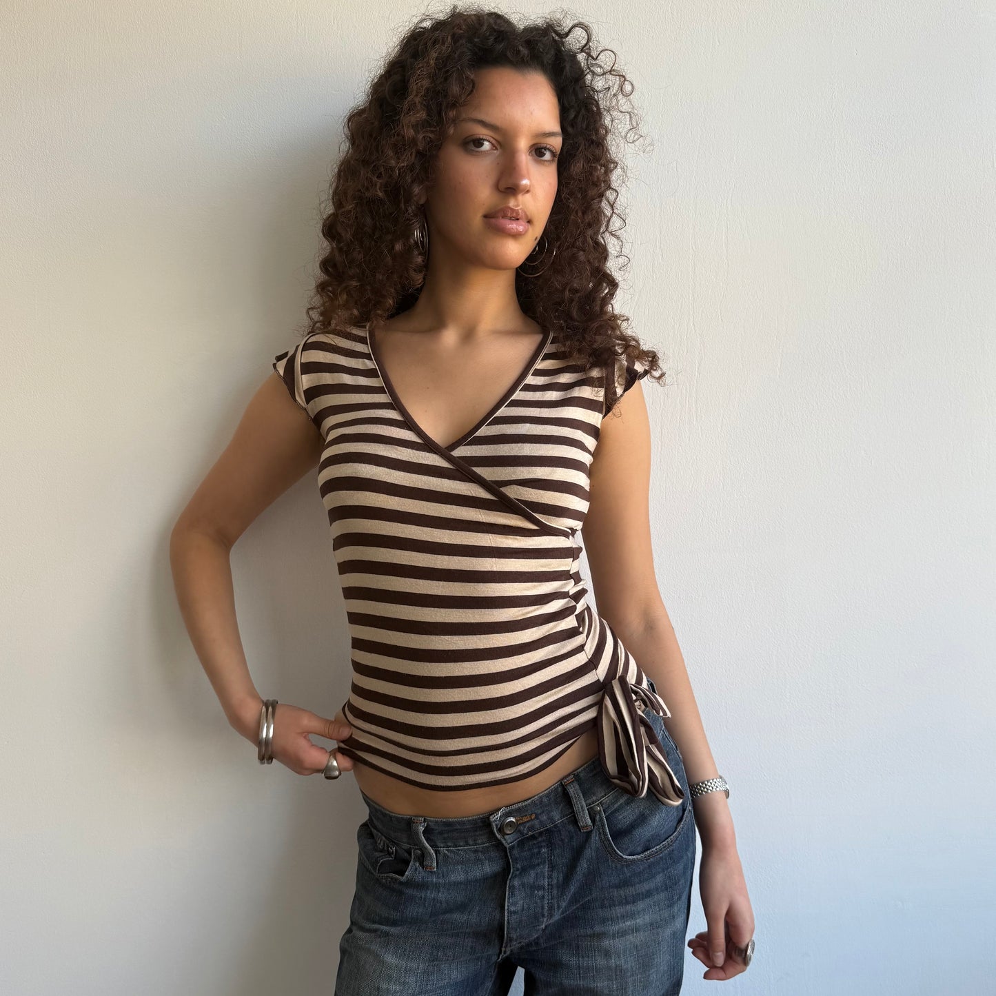 Beige + brown stripe top - Size S