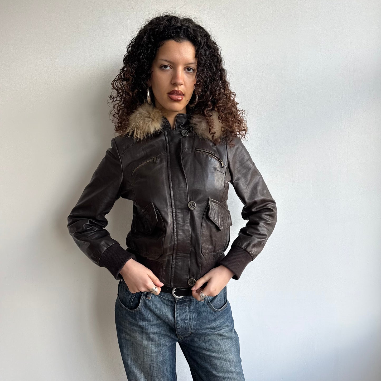 Dark brown leather zip fur hood jacket - Size M