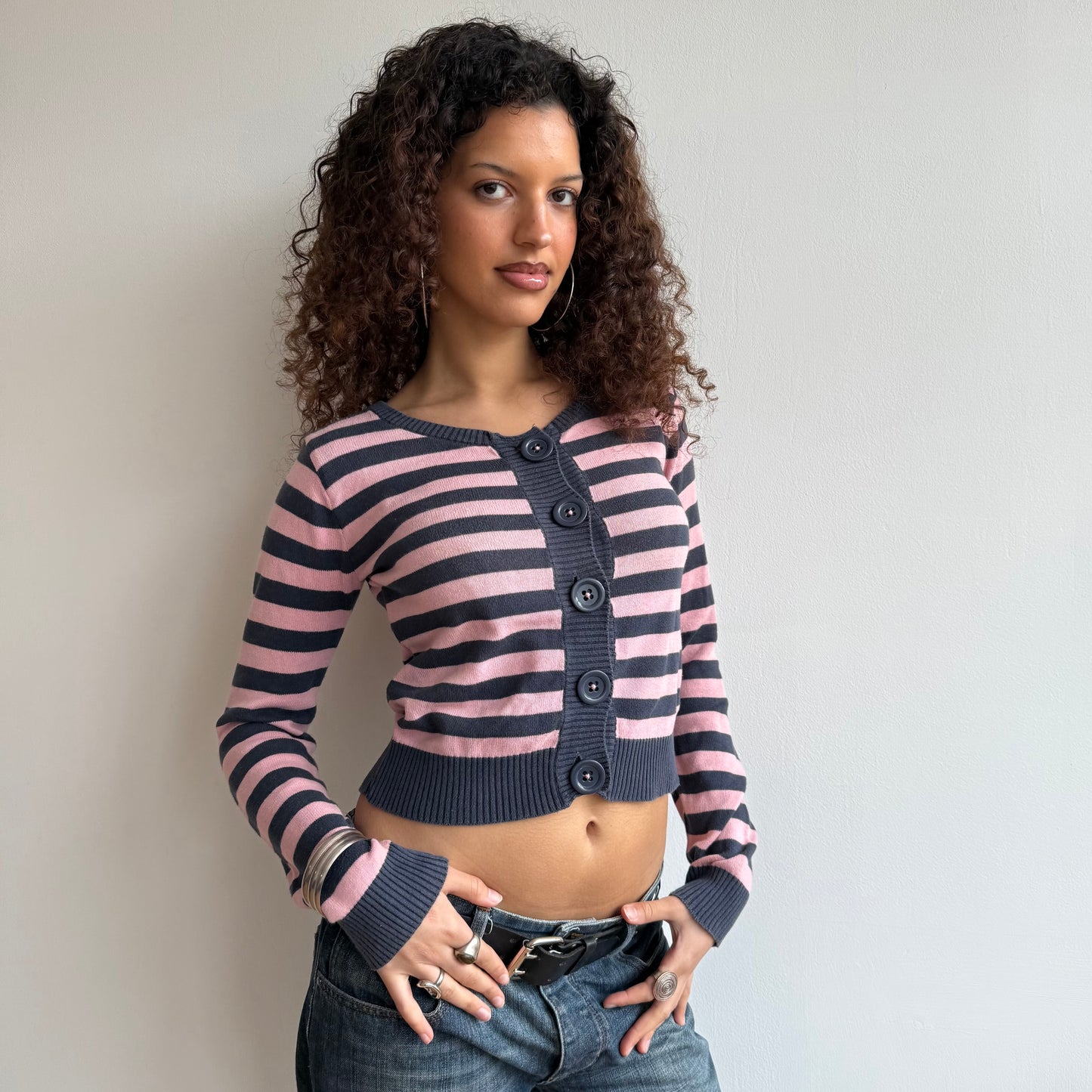 Pink + navy striped cardi - Size M