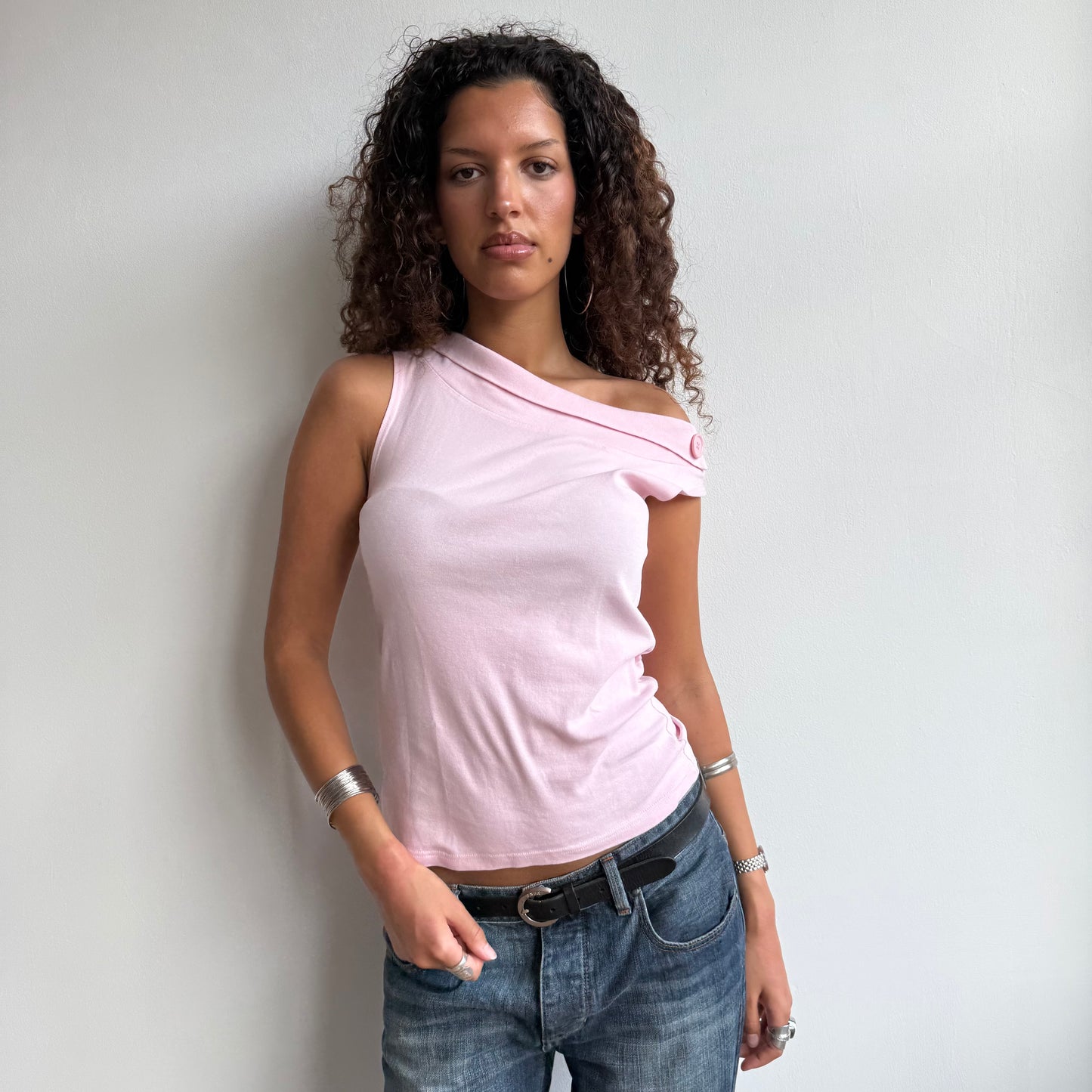 Pink bardot button top - Size M/L