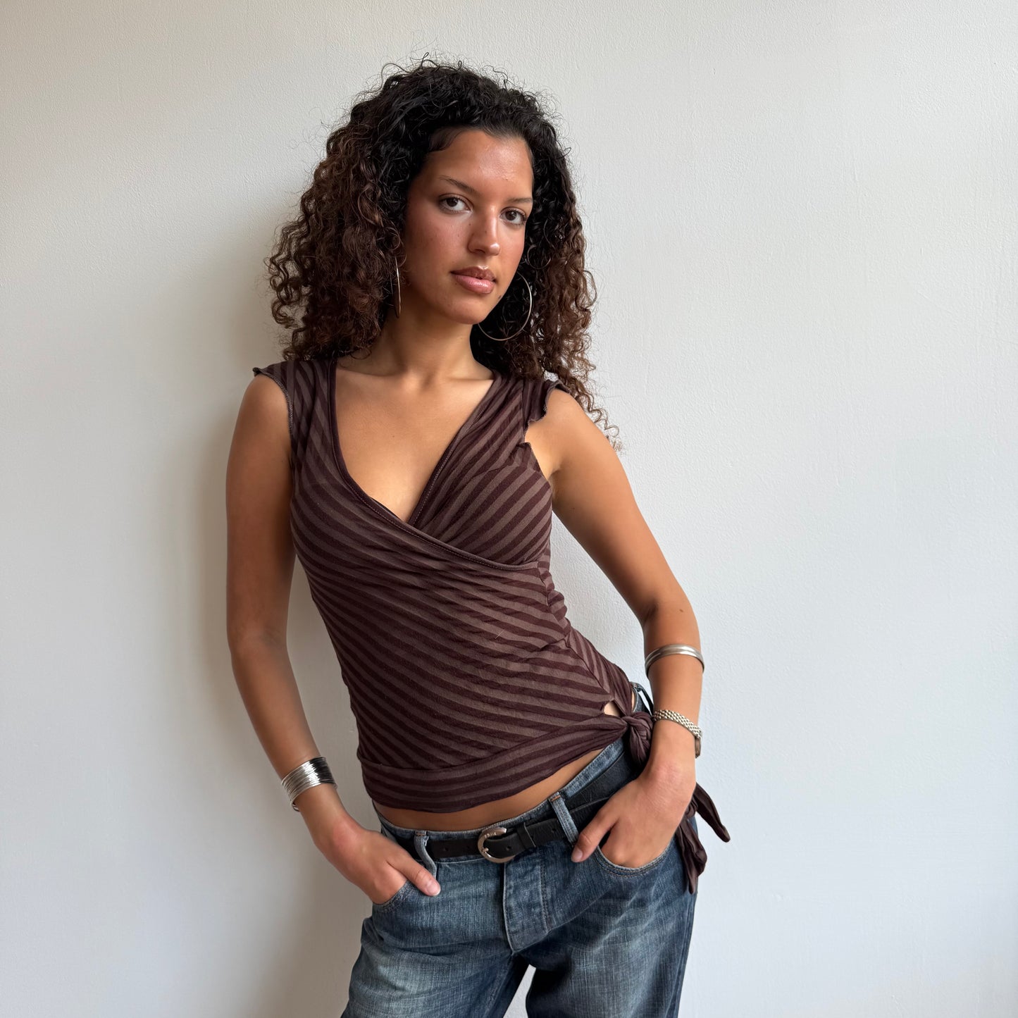 Brown wrap tie-side top - Size S/M