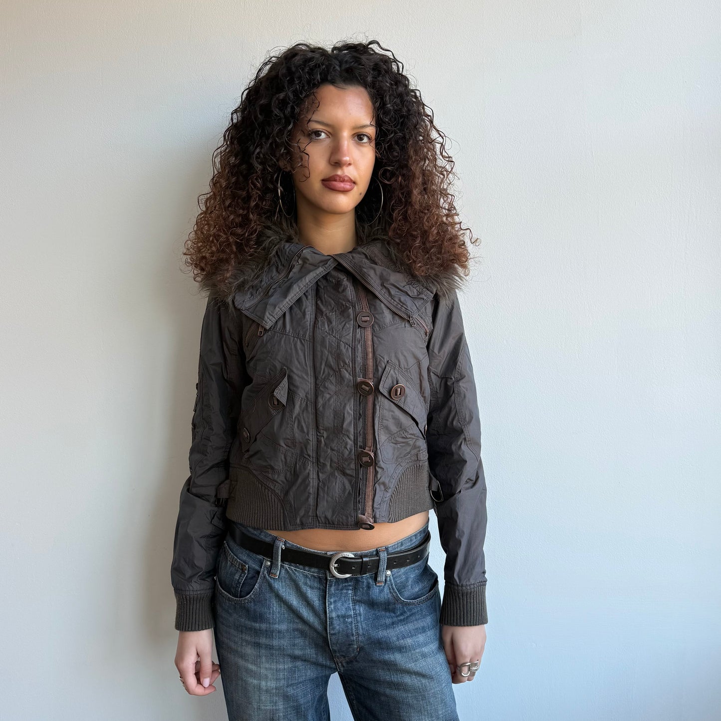 Brown fur collar bomber - Size M