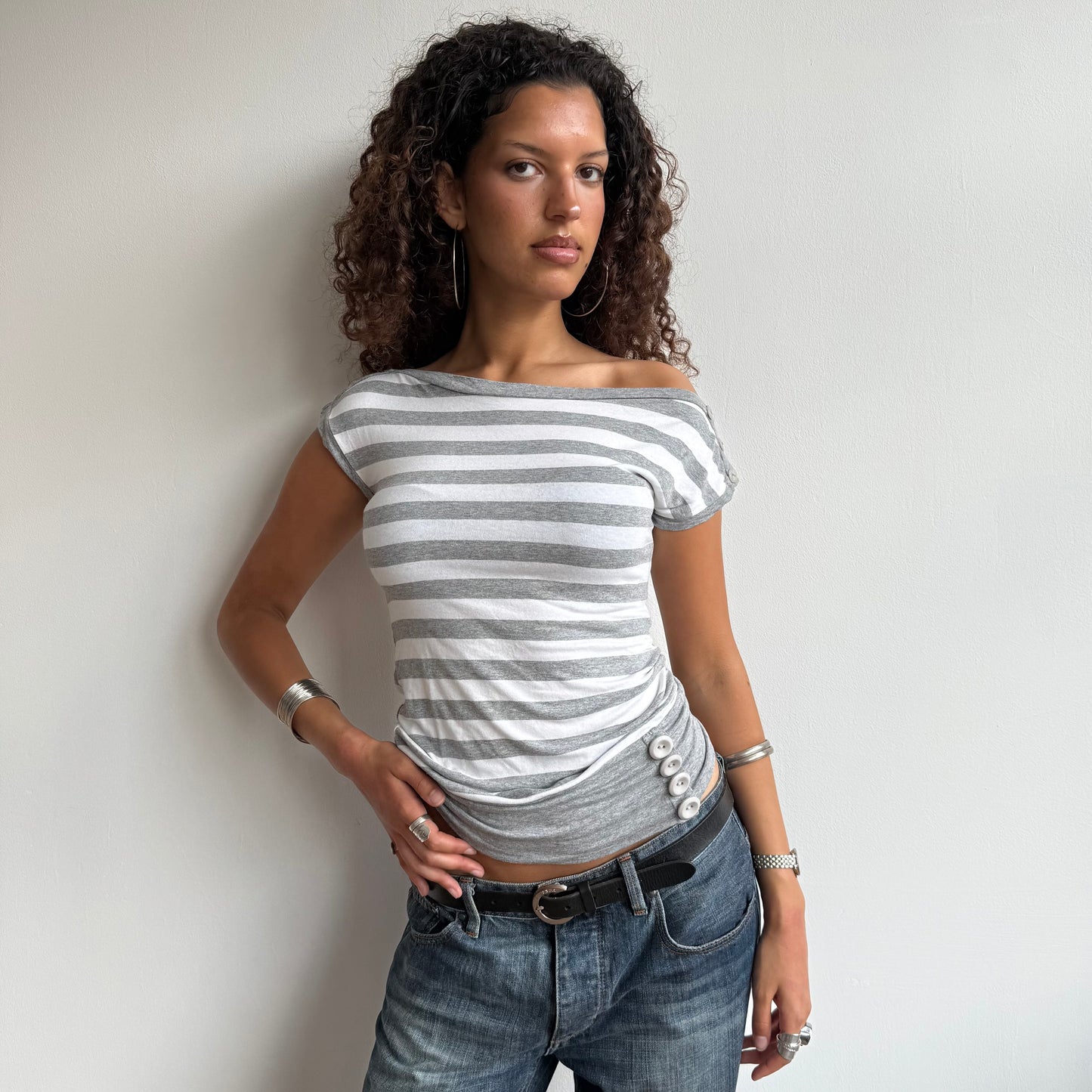 Grey stripe slouchy button top - Size S