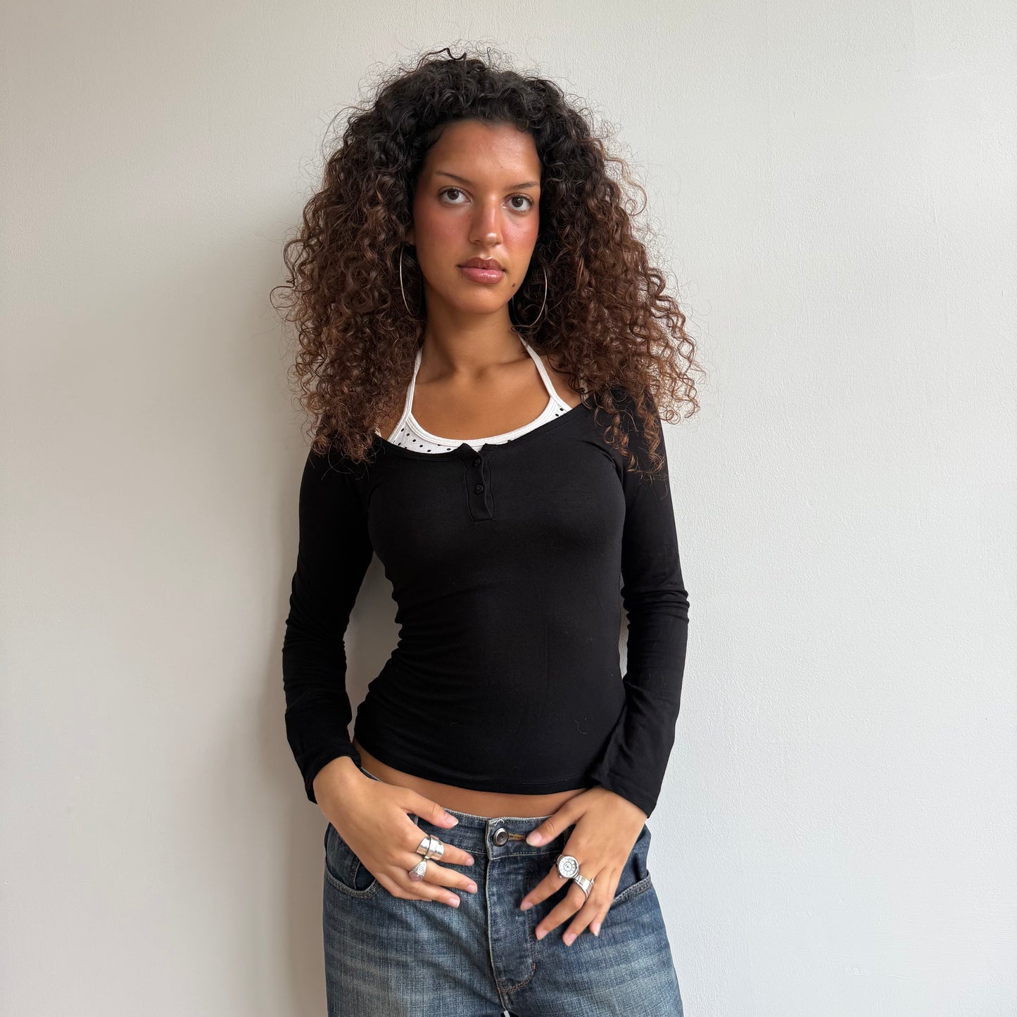 Black + white polka dot halter top - Size S