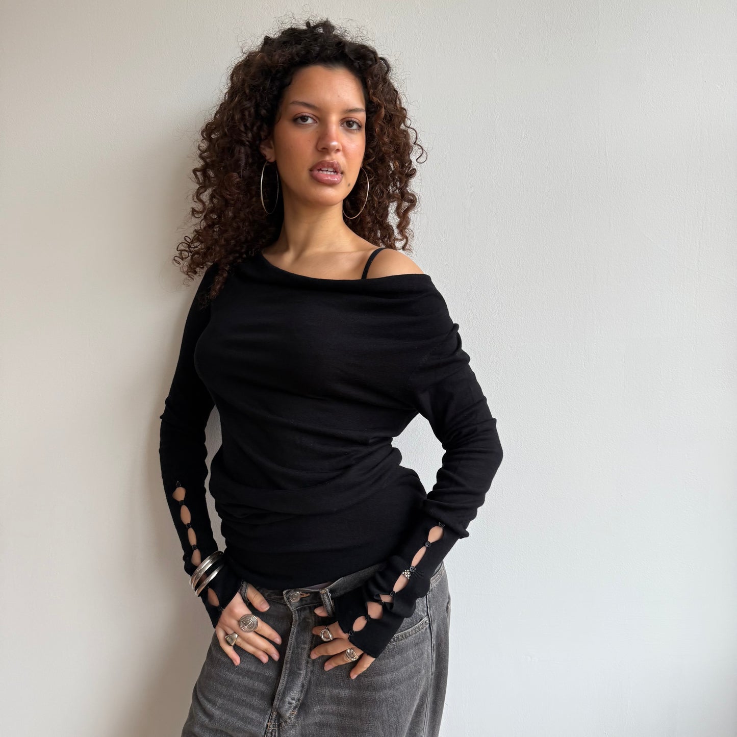Black slouchy button knit jumper - Size S