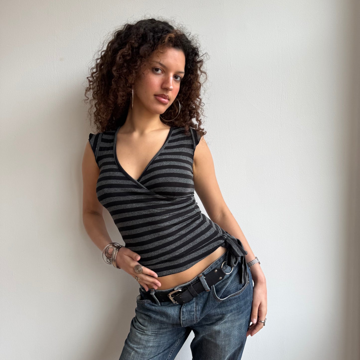 Black + grey wide stripe wrap top - Size S