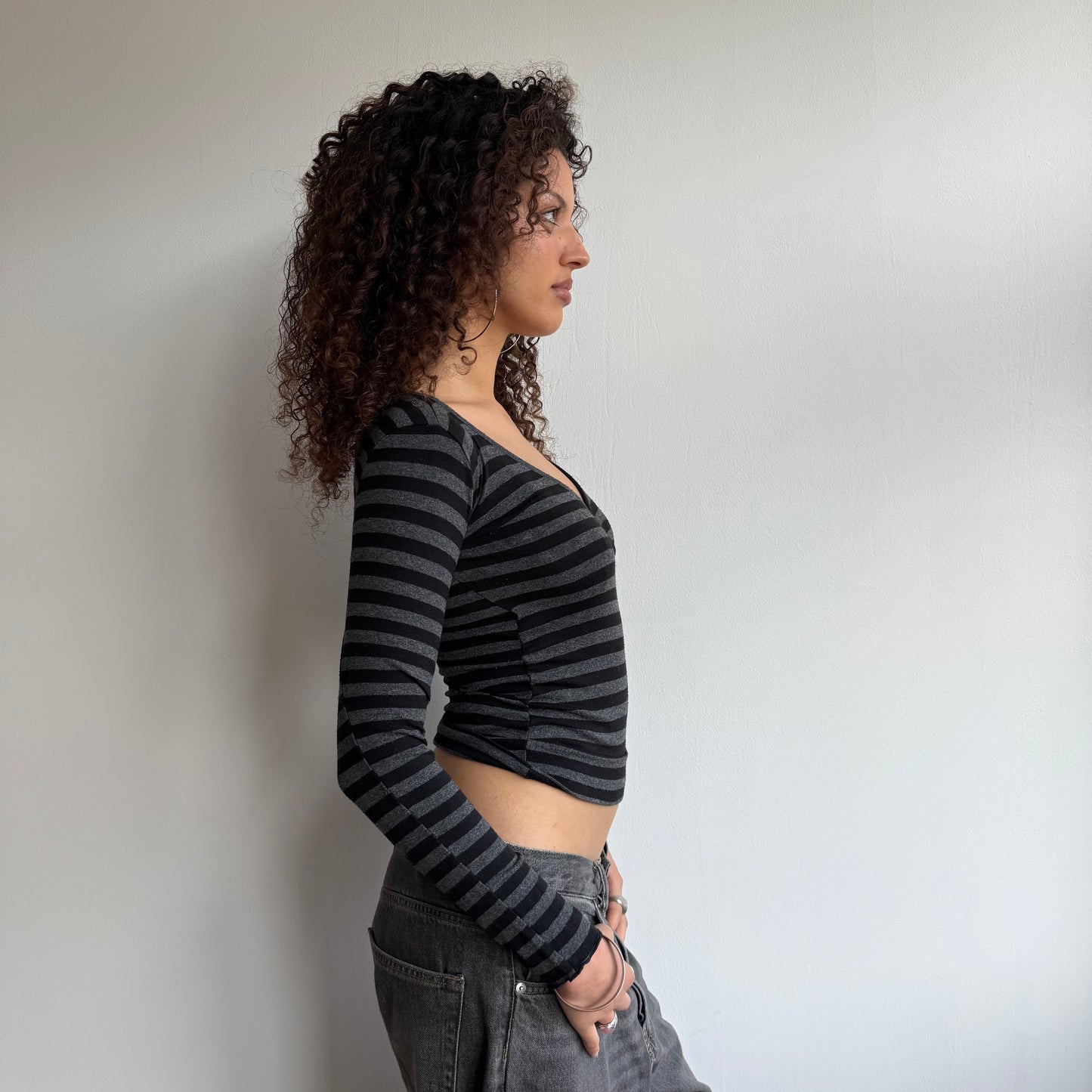 Grey + black striped wrap top - Size S