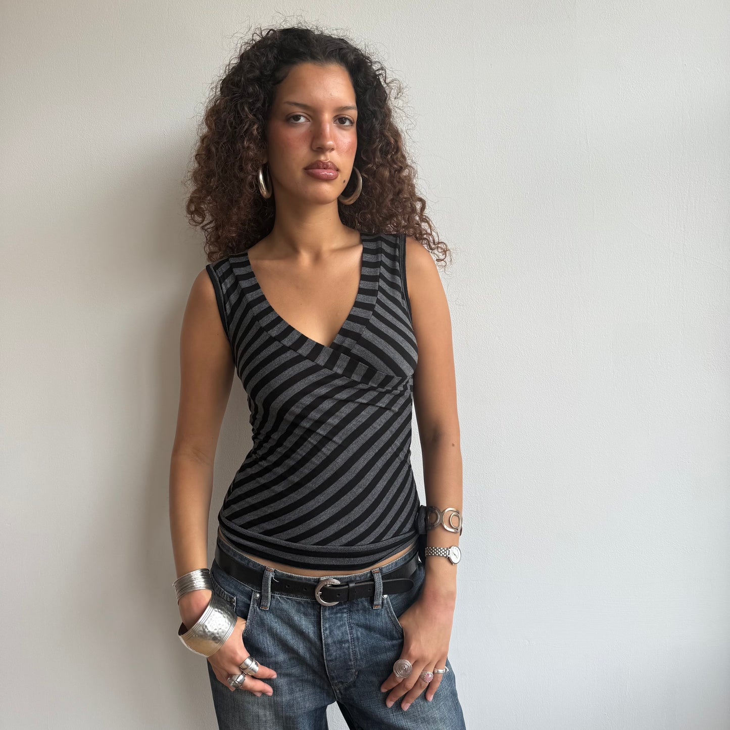 Black + grey stripe wrap top - Size M