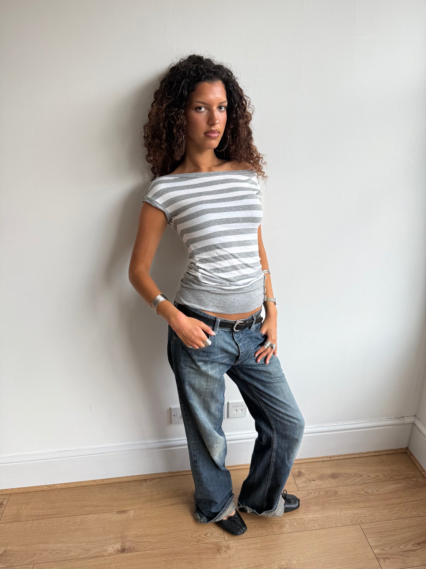 Grey stripe slouchy button top - Size S