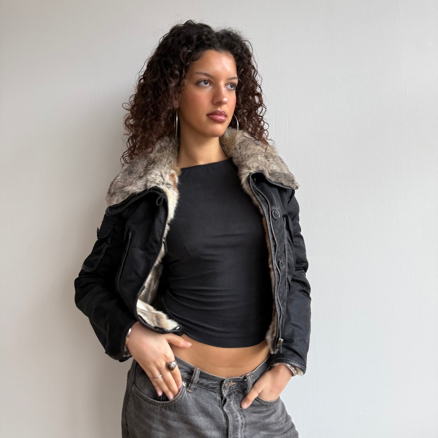 Black rabbit fur bomber - Size S