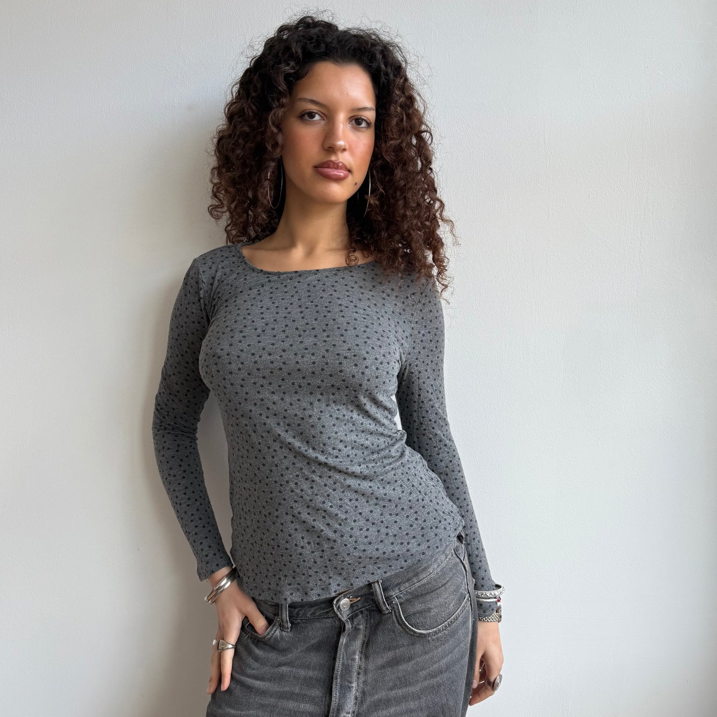 Grey polka dot long sleeve top - Size S