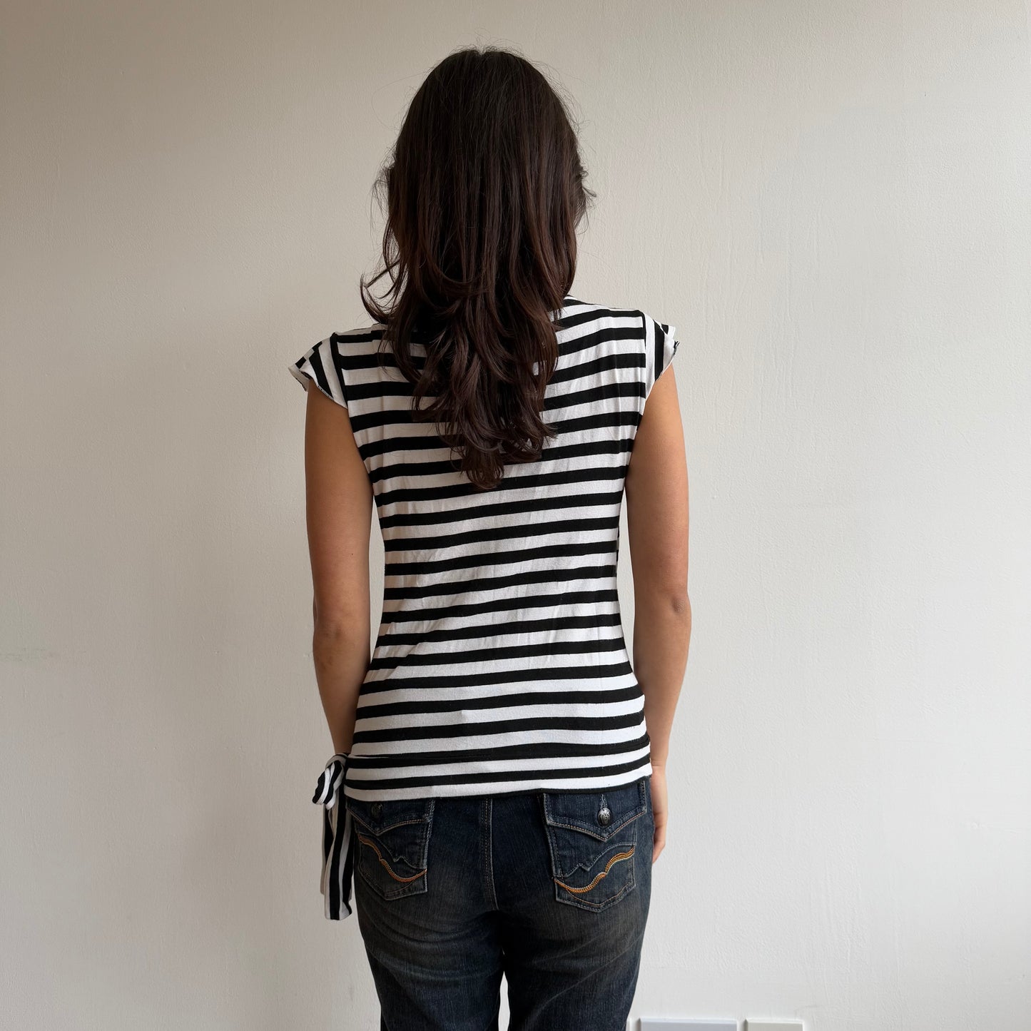 Black striped wrap short sleeve top - Size S