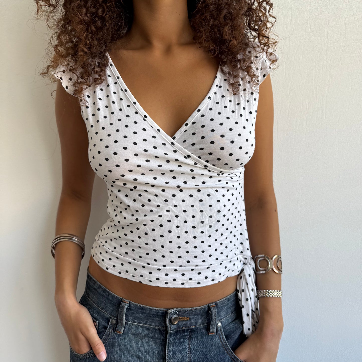 White polka dot wrap top - Size S + M