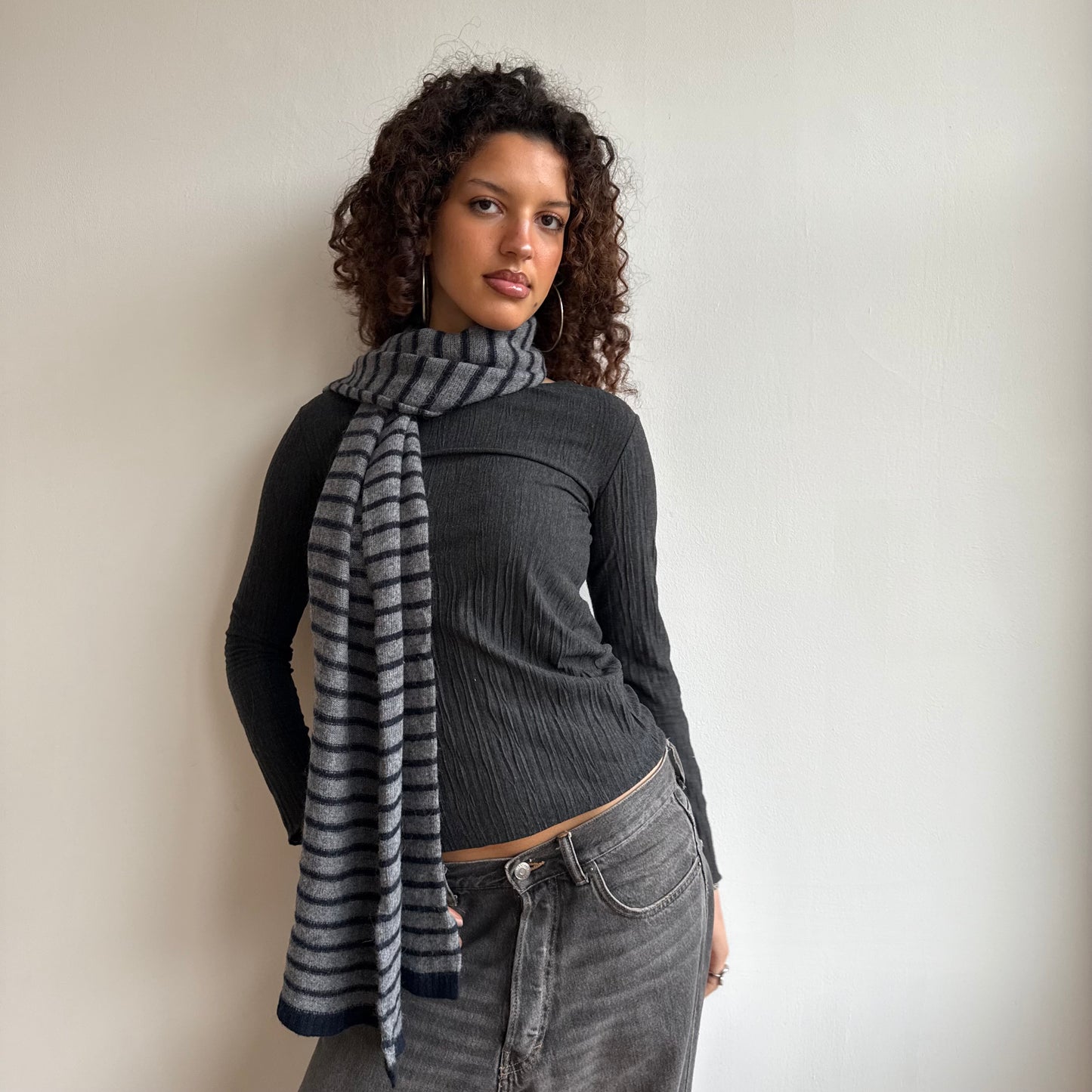 Grey and navy stripe scarf