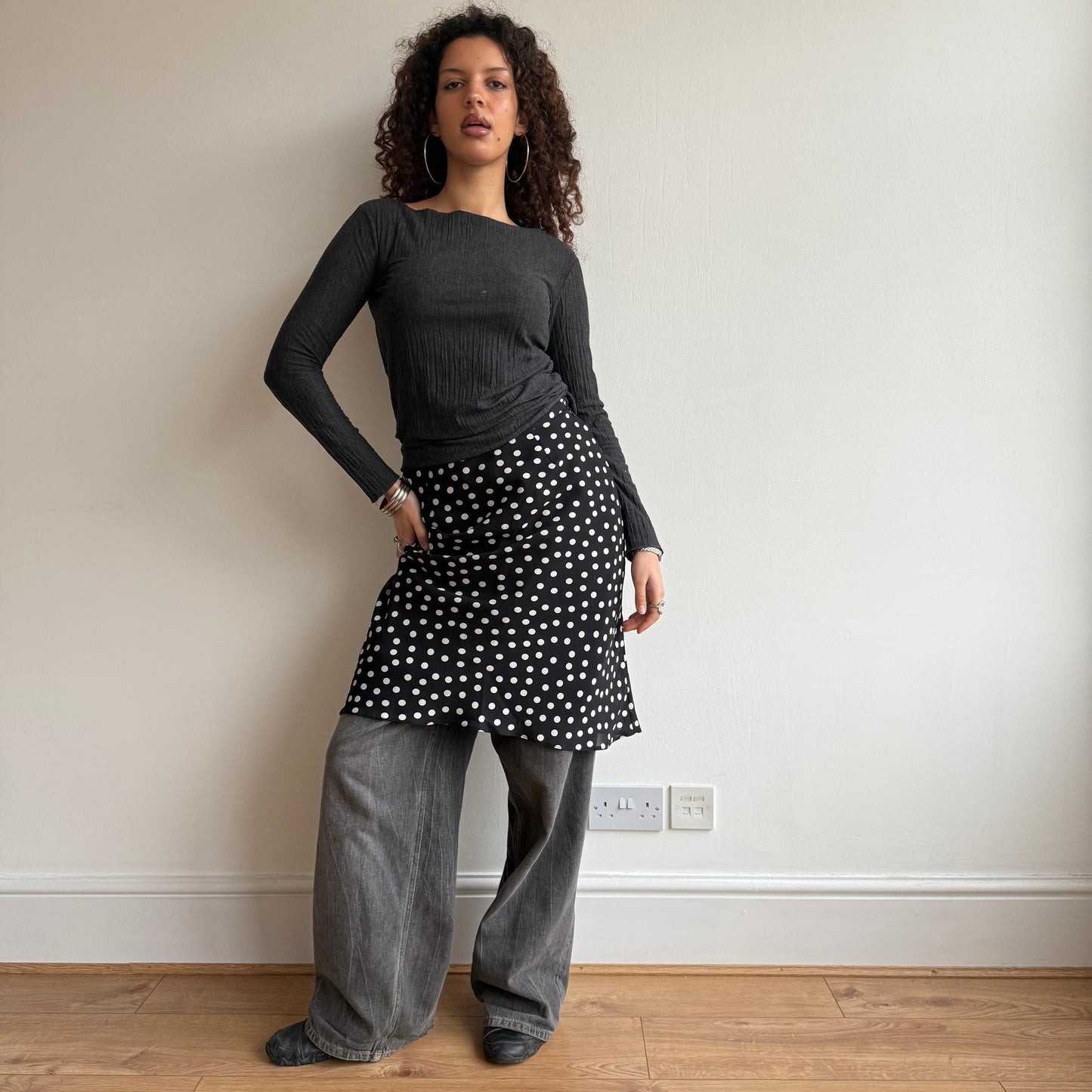 Black polka dot midi skirt - Size M