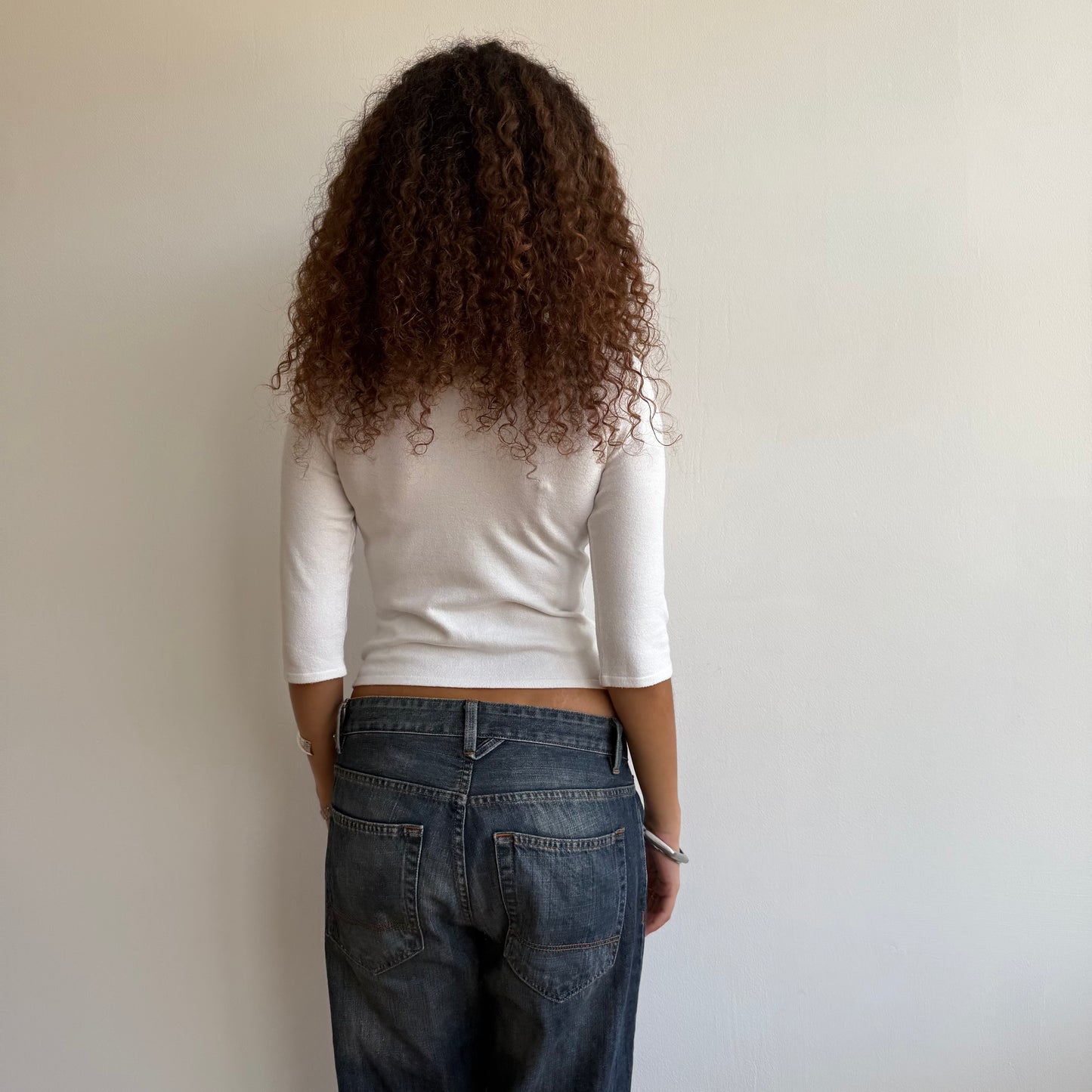 White 3/4 sleeve button knit -Size S
