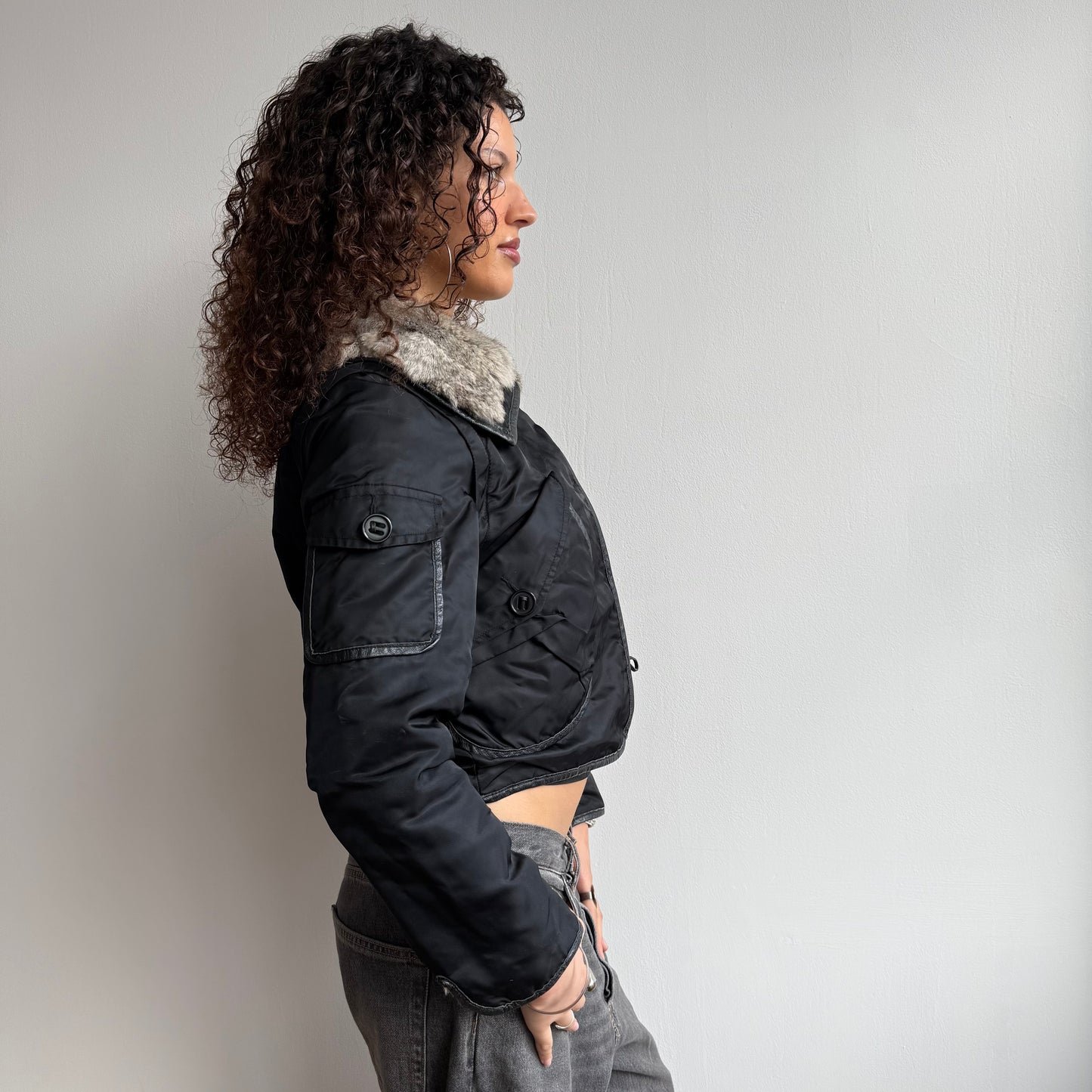 Black rabbit fur bomber - Size S