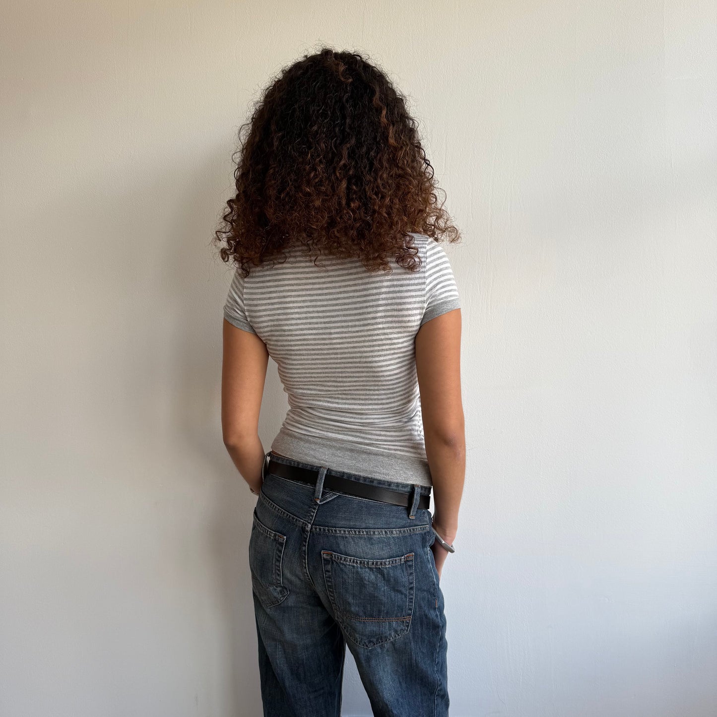 Grey + white stripe wrap top - Size S