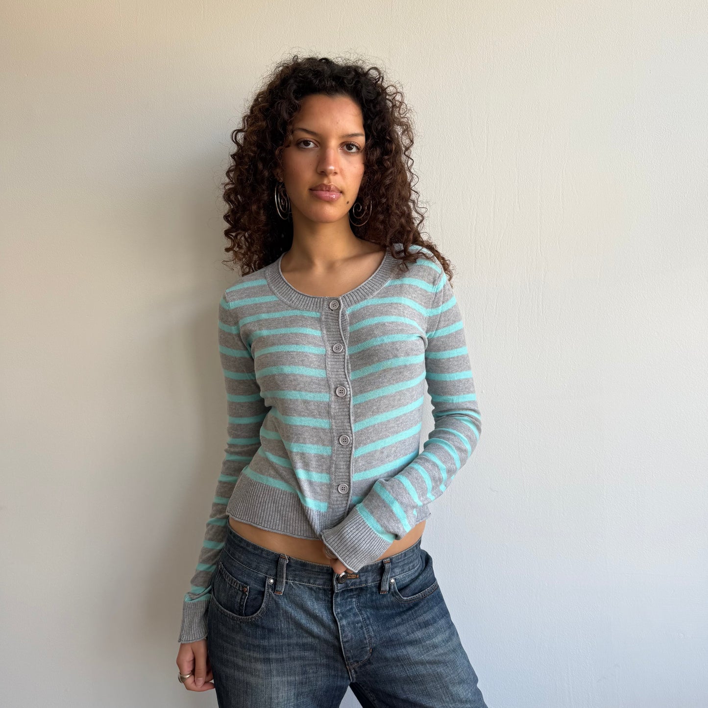 Turquoise + grey striped cardi- Size M