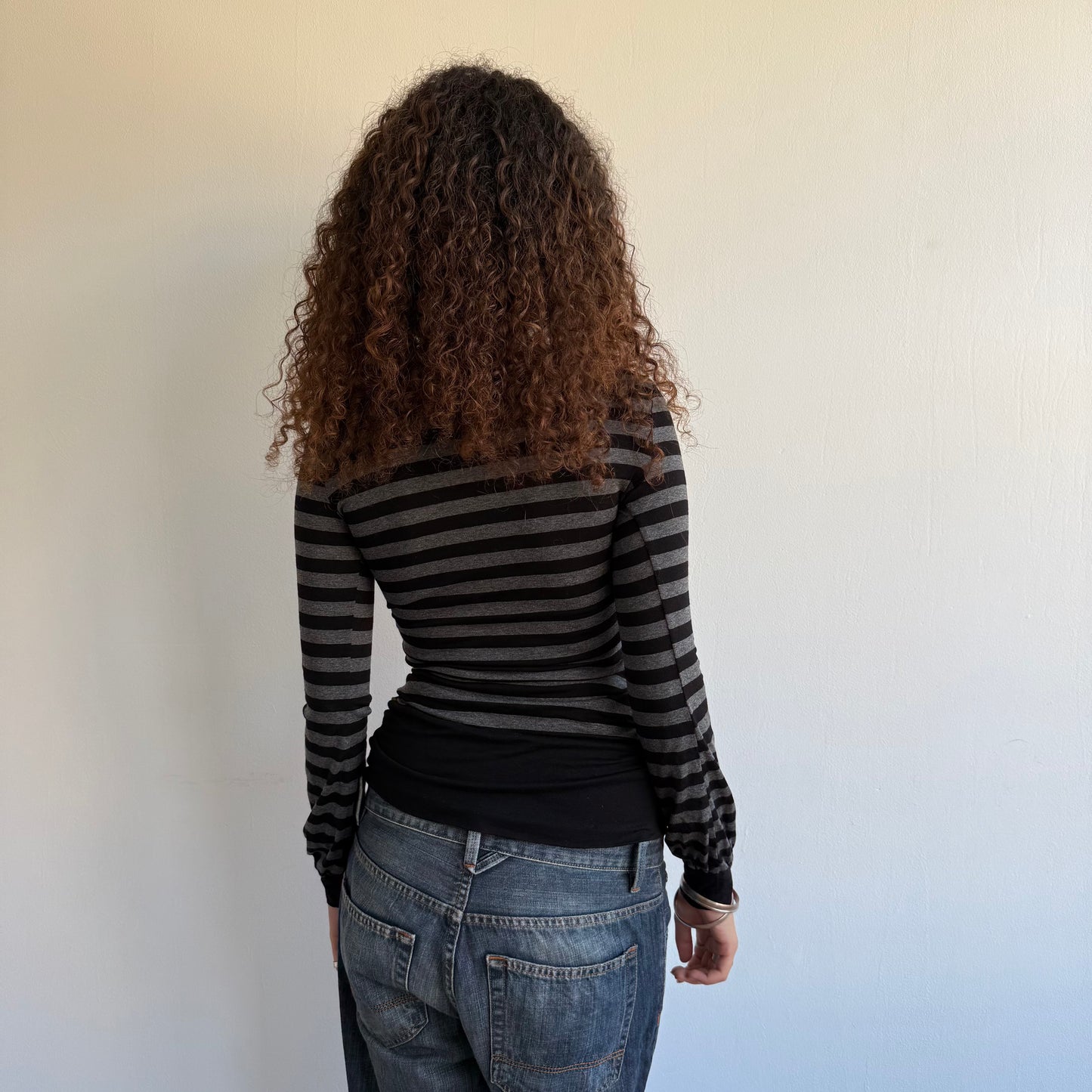 Black + grey striped wrap top - Size M