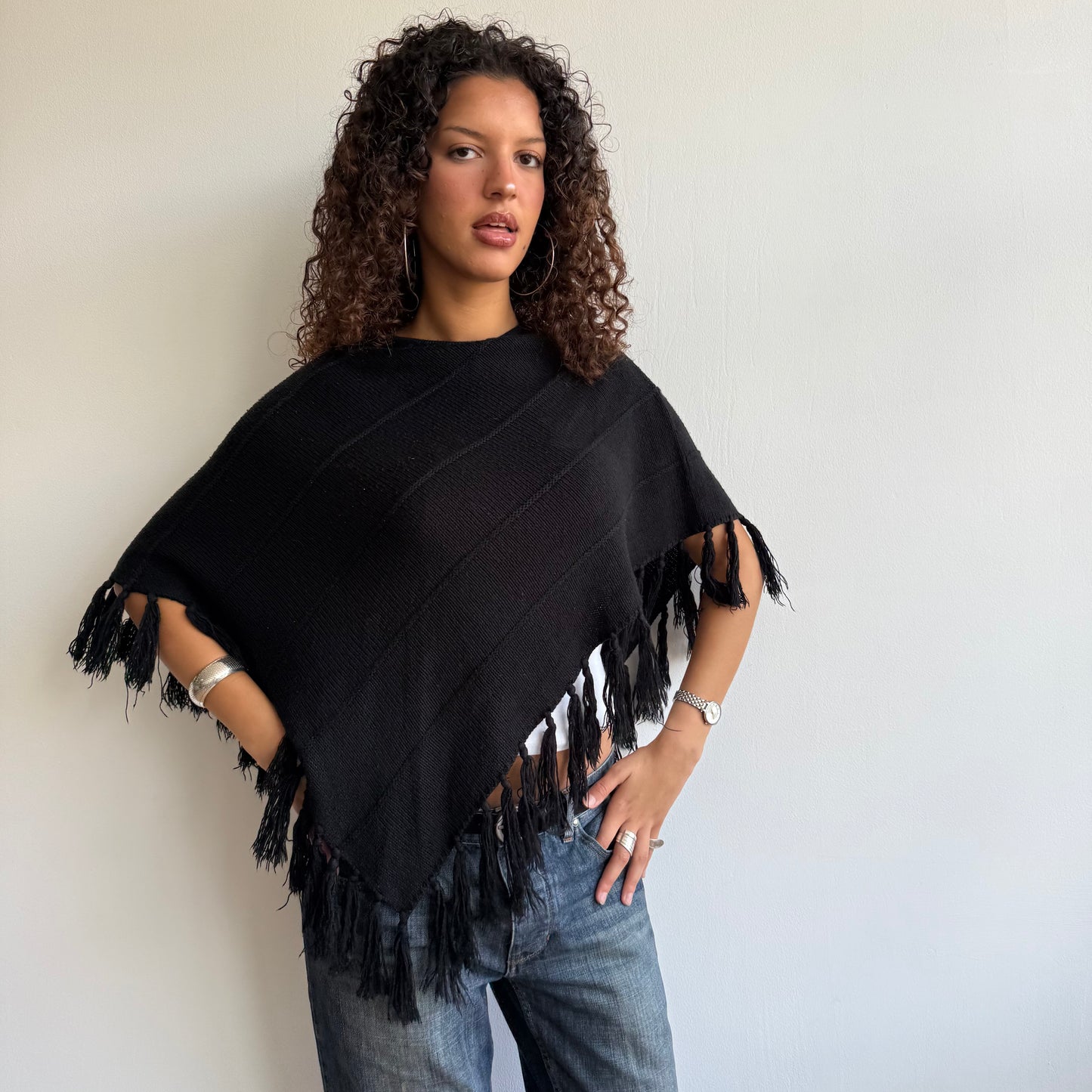 Black tassel poncho - One Size