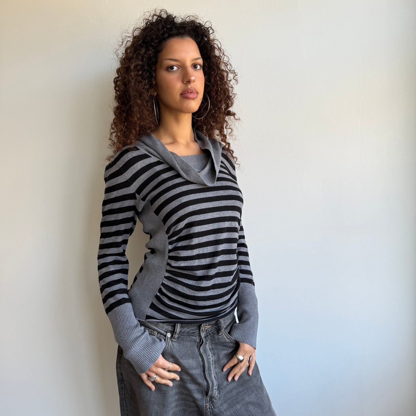 Grey + black striped cowl knit - Size S/M
