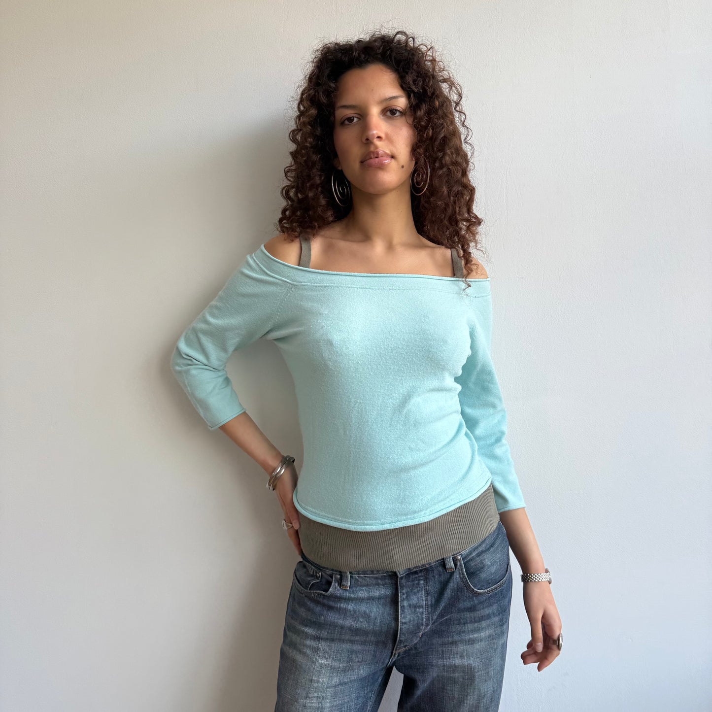 Blue + brown double layer knit - Size S/M