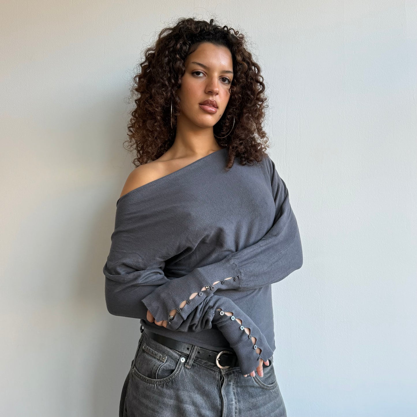 Grey slouchy button jumper - Size S