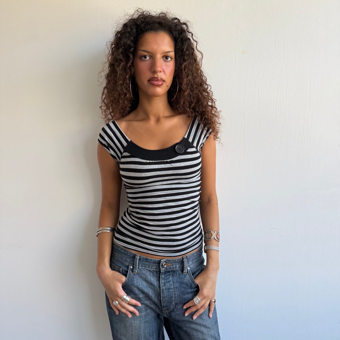 Grey stripe button top - Size S
