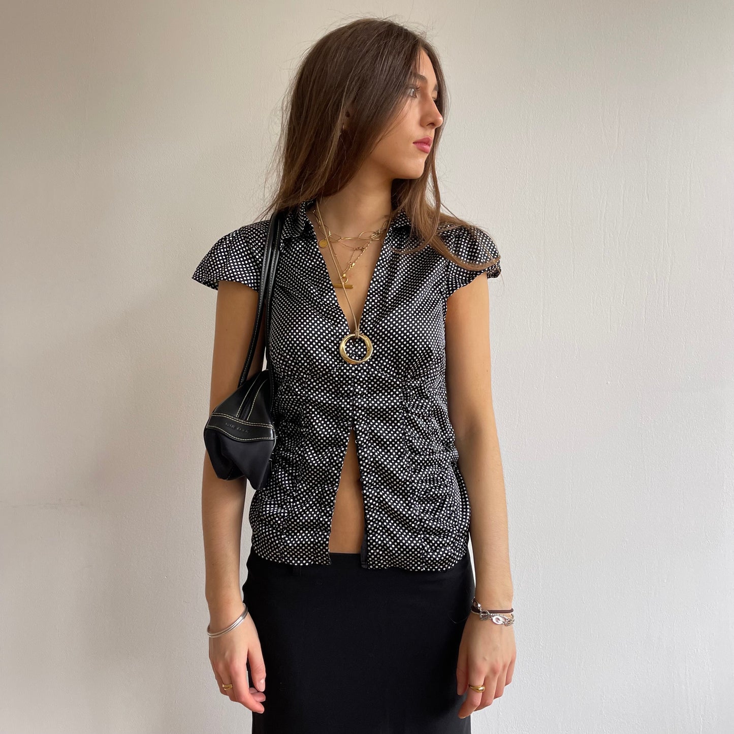 Black satin polka dot shirt - Size S