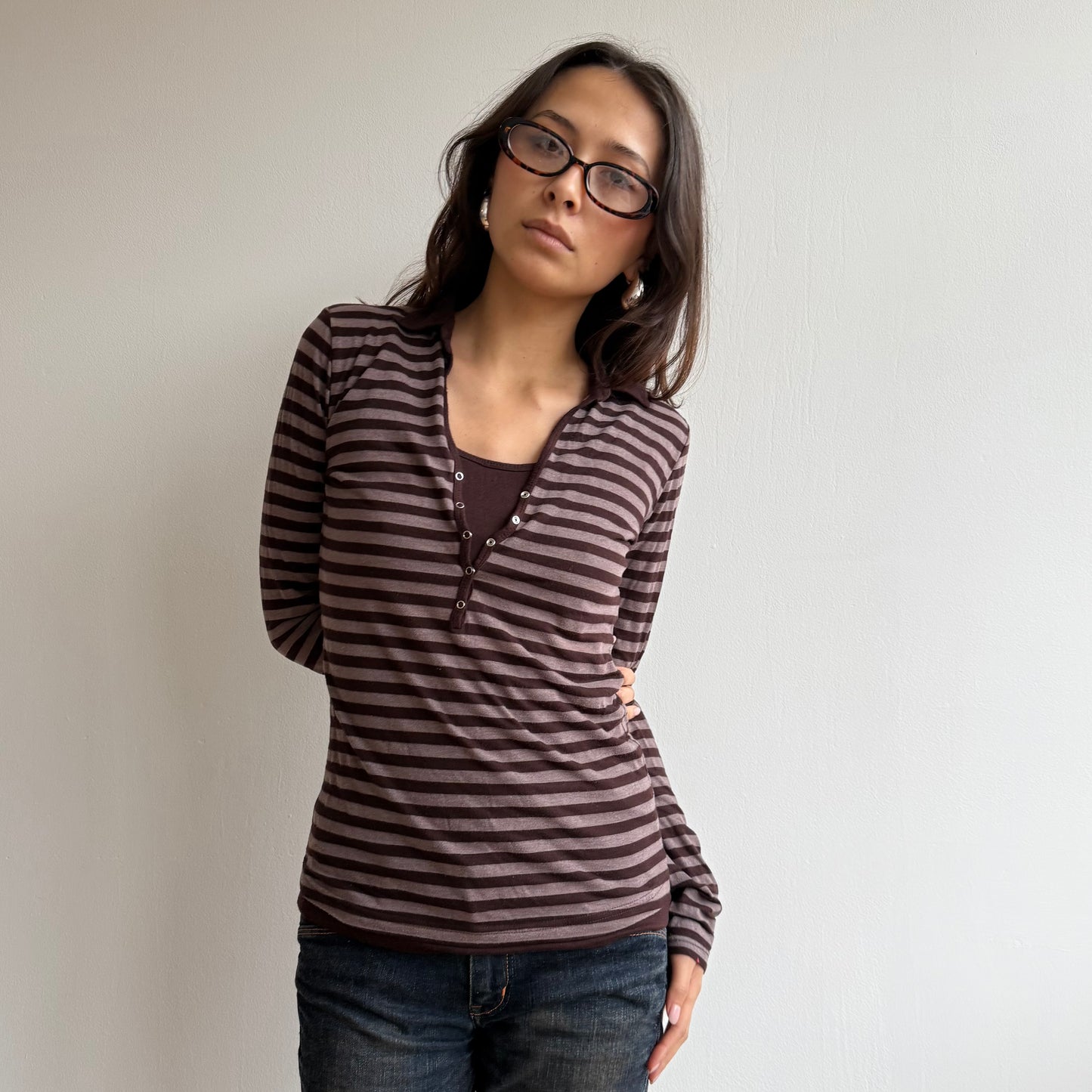 Brown stripe collar top - Size S