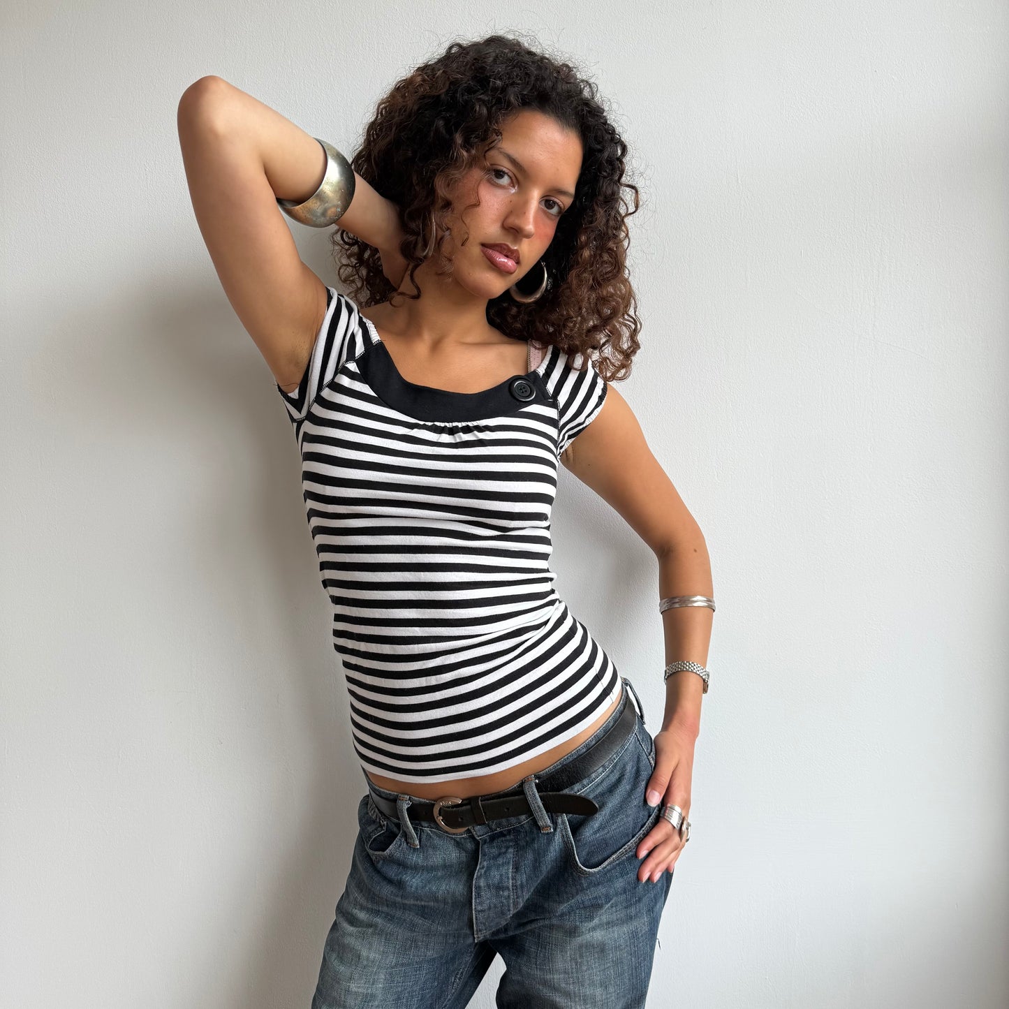Black + white stripe button top - Size S , S/M + M