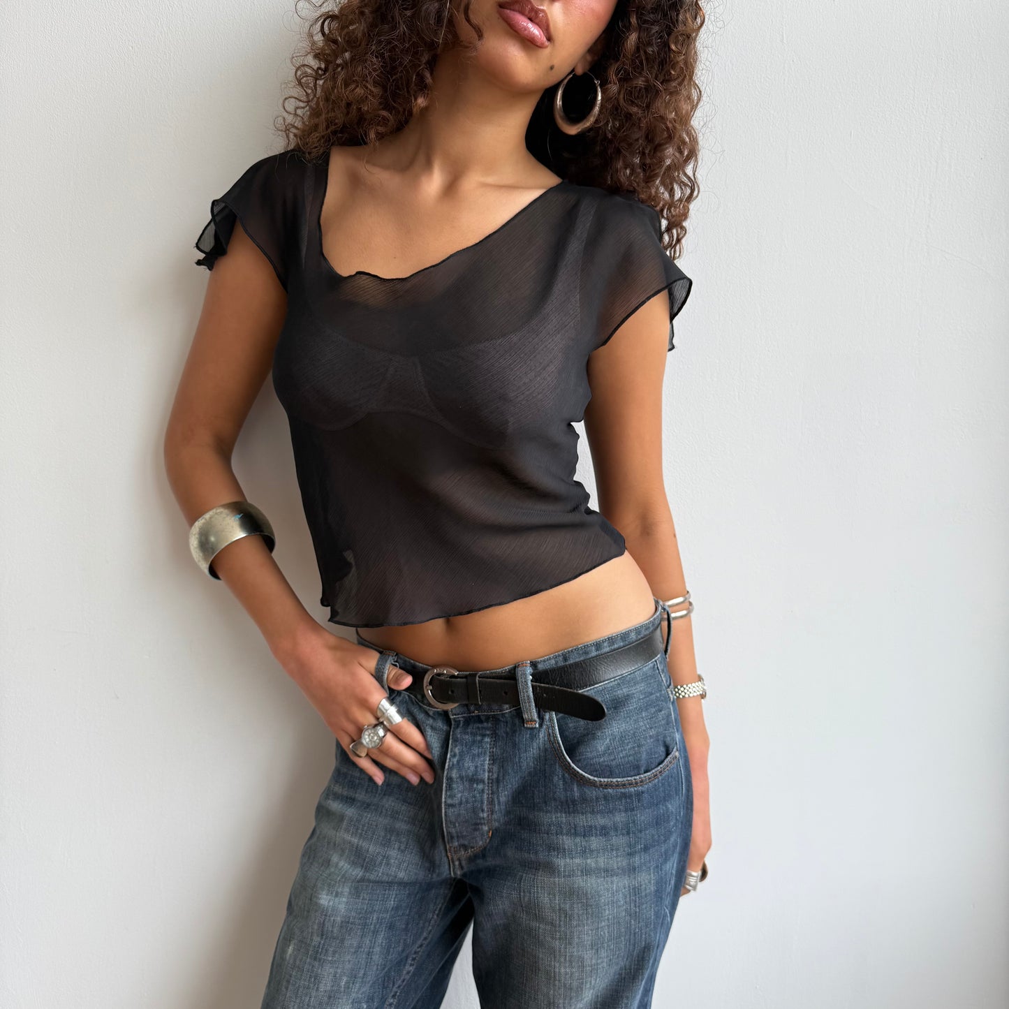 Black asymmetric chiffon top - Size S
