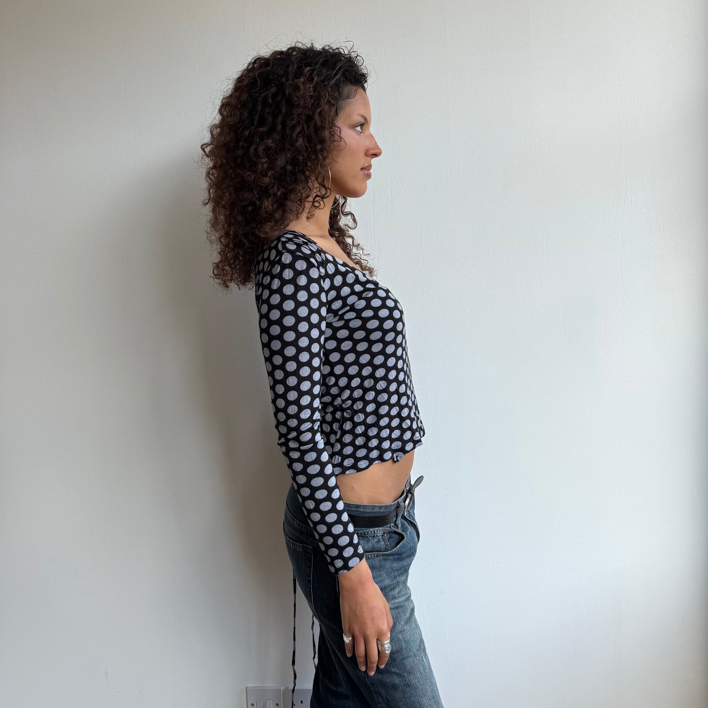 Black + grey polka dot wrap top - Size M